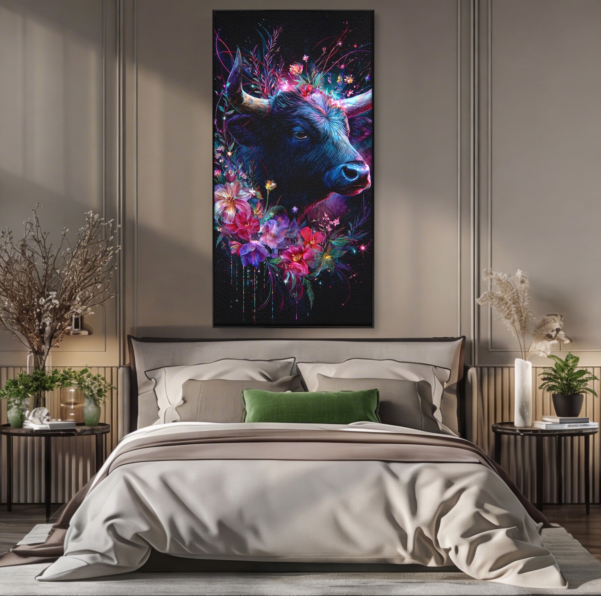 Tablou Canvas Premium LuxCanva® M1573, Forță și Mister, Taur, Flori, Natura, Arta, Living, Culori Vibrante