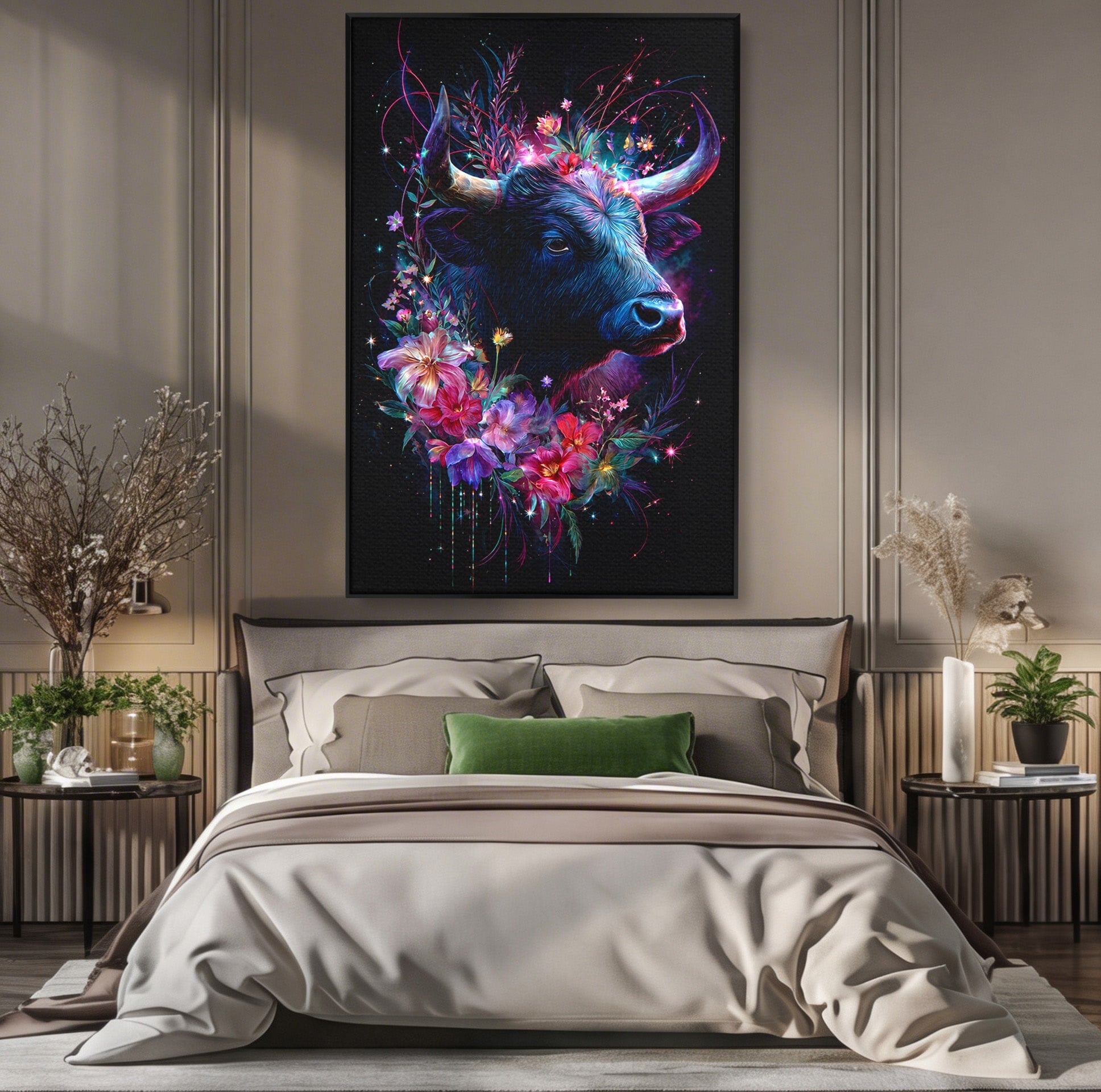 Tablou Canvas Premium LuxCanva® M1573, Forță și Mister, Taur, Flori, Natura, Arta, Living, Culori Vibrante