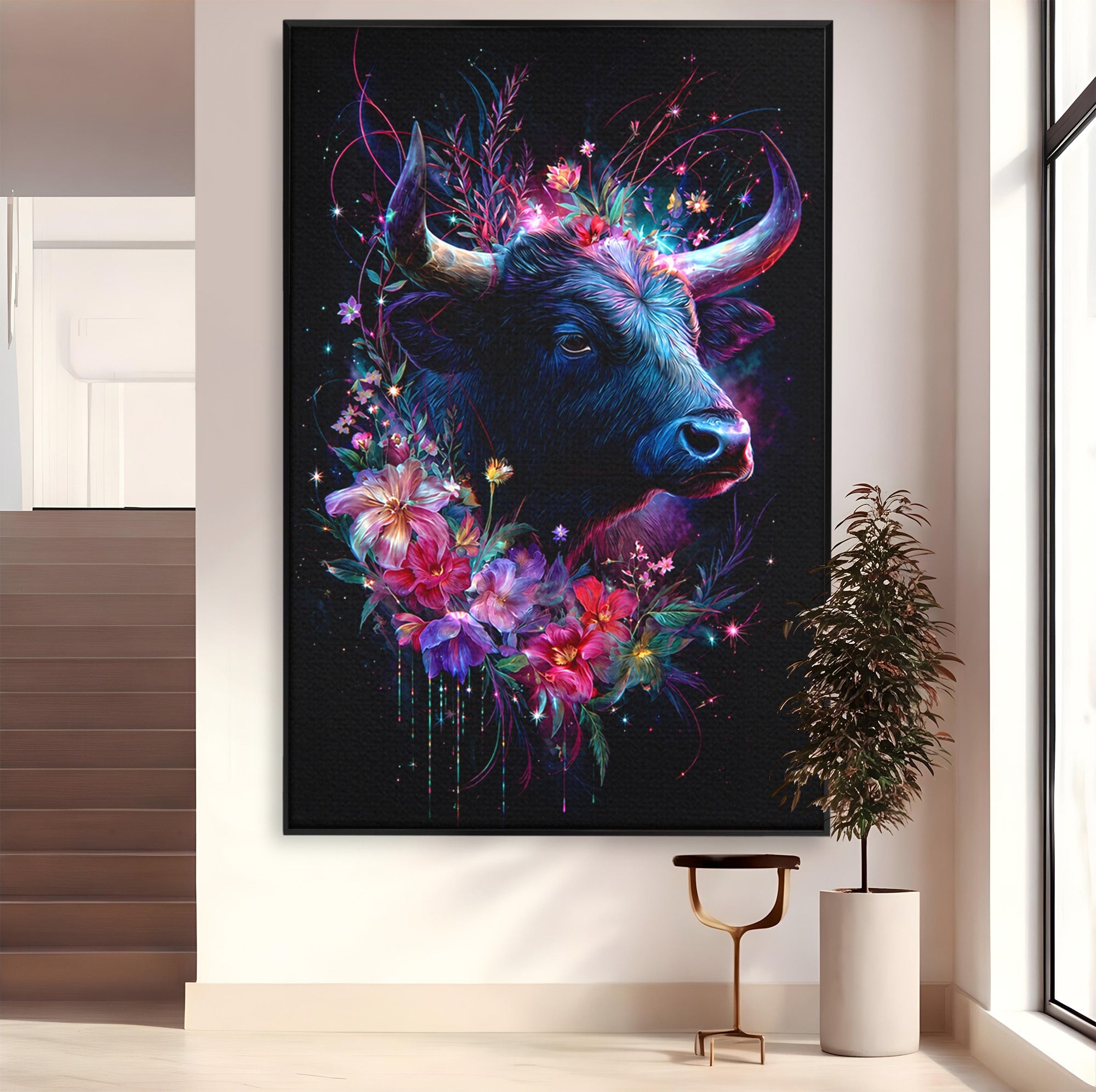 Tablou Canvas Premium LuxCanva® M1573, Forță și Mister, Taur, Flori, Natura, Arta, Living, Culori Vibrante