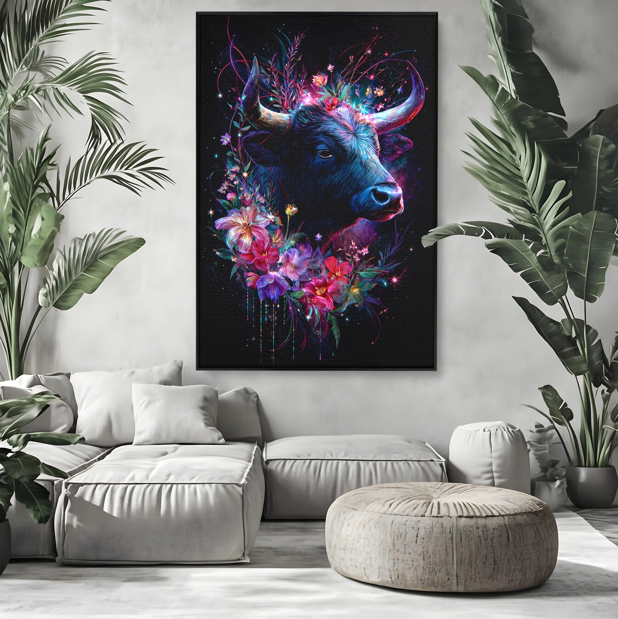 Tablou Canvas Premium LuxCanva® M1573, Forță și Mister, Taur, Flori, Natura, Arta, Living, Culori Vibrante