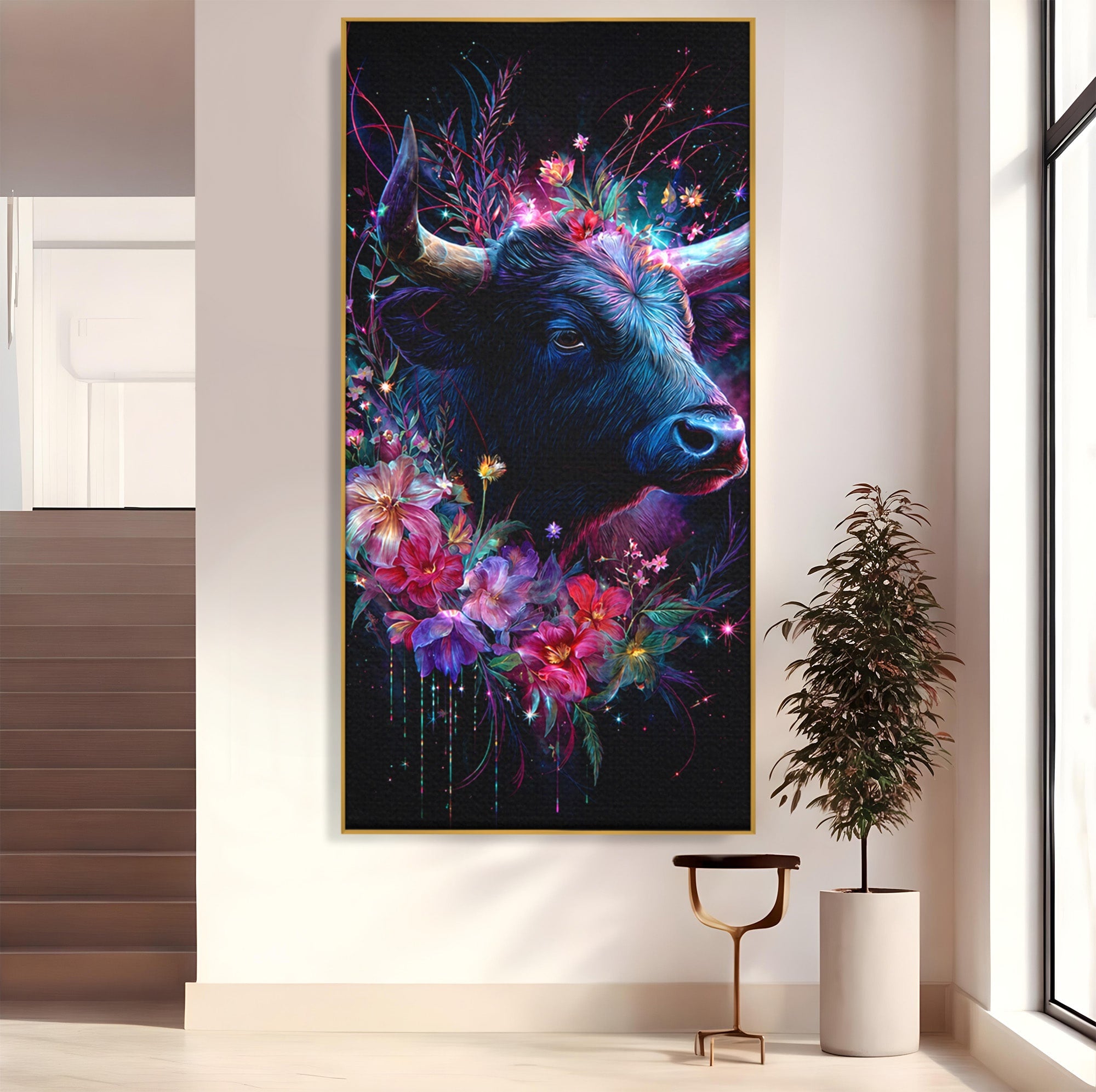 Tablou Canvas Premium LuxCanva® M1573, Forță și Mister, Taur, Flori, Natura, Arta, Living, Culori Vibrante