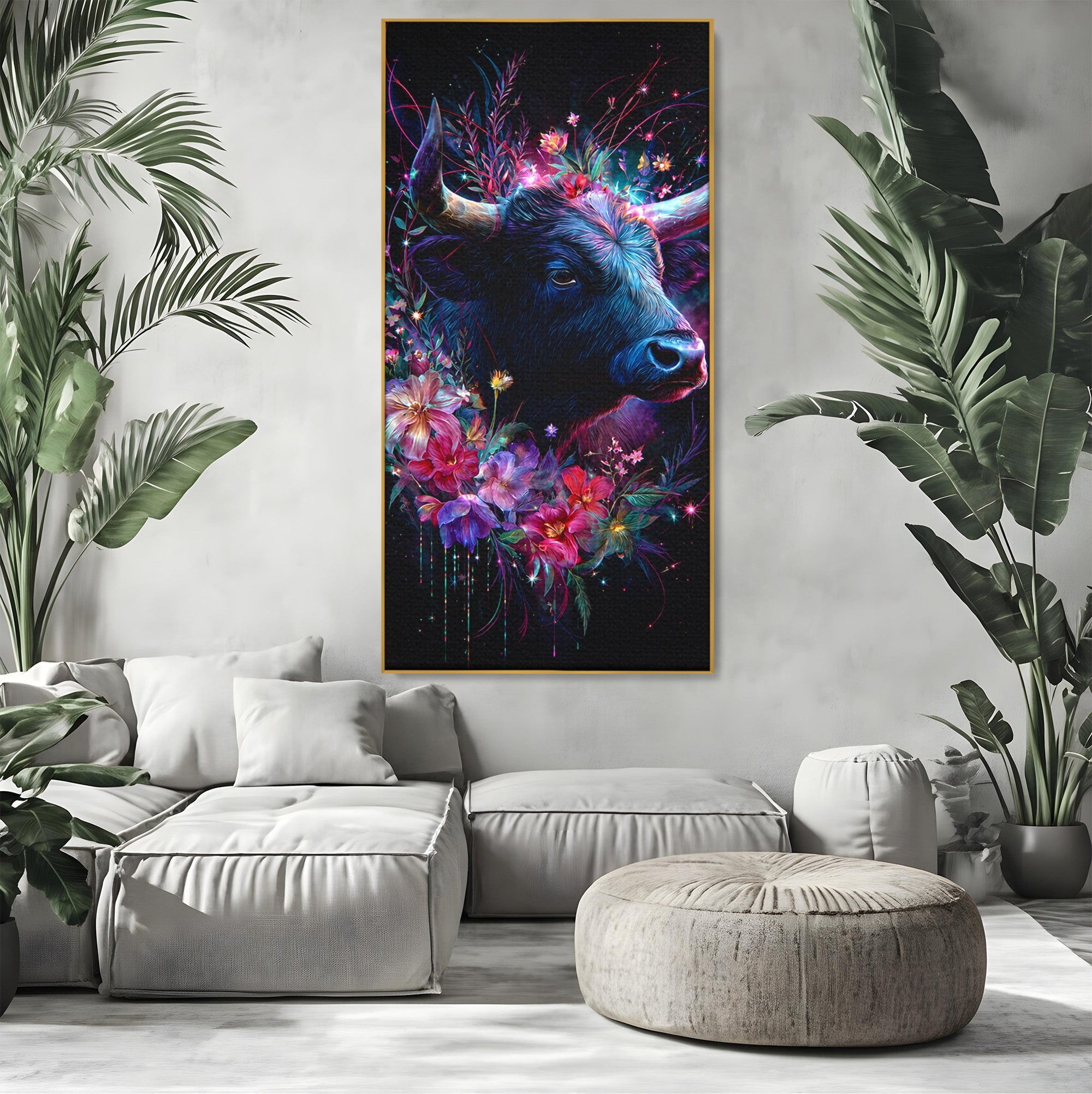 Tablou Canvas Premium LuxCanva® M1573, Forță și Mister, Taur, Flori, Natura, Arta, Living, Culori Vibrante