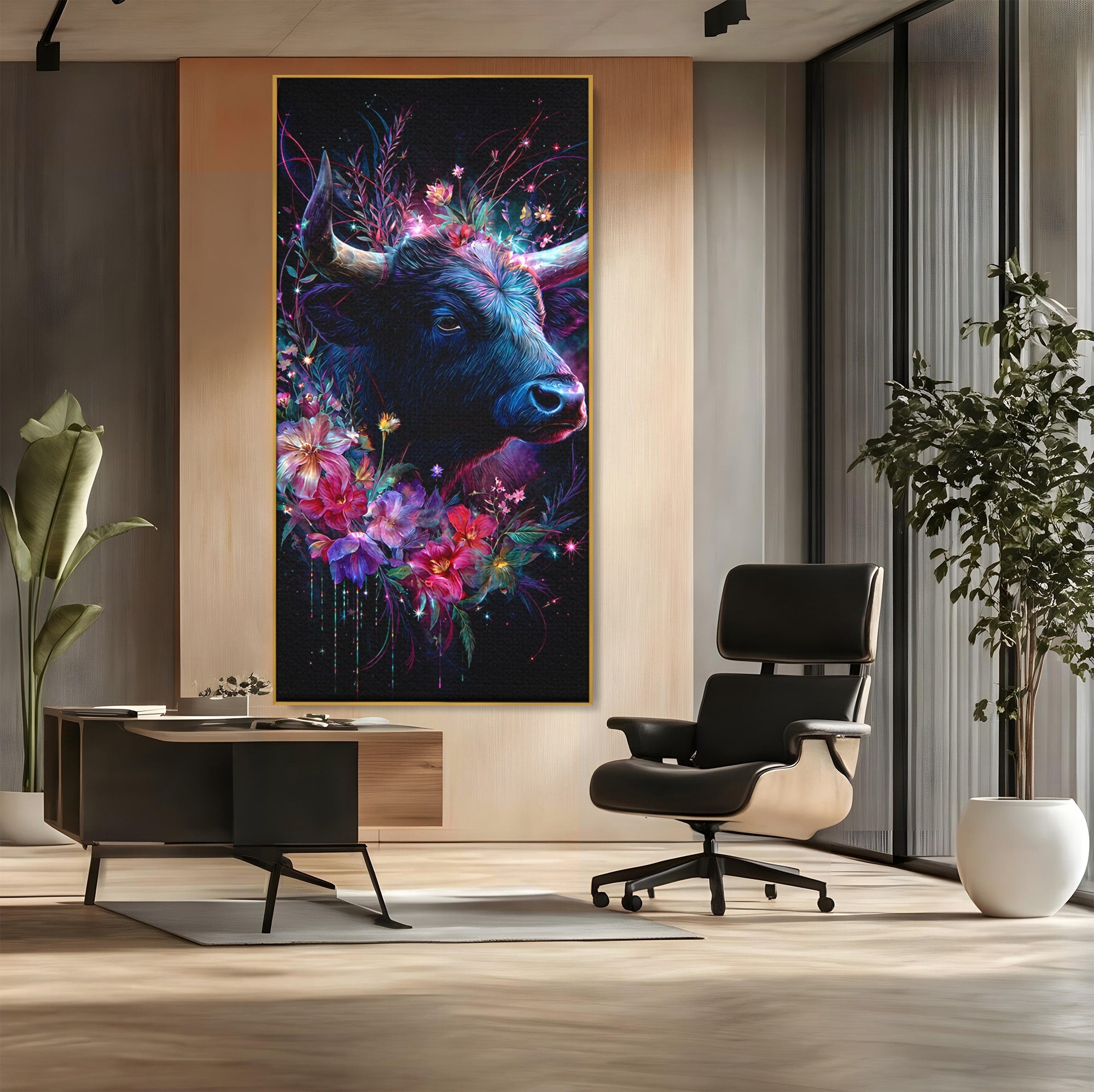 Tablou Canvas Premium LuxCanva® M1573, Forță și Mister, Taur, Flori, Natura, Arta, Living, Culori Vibrante