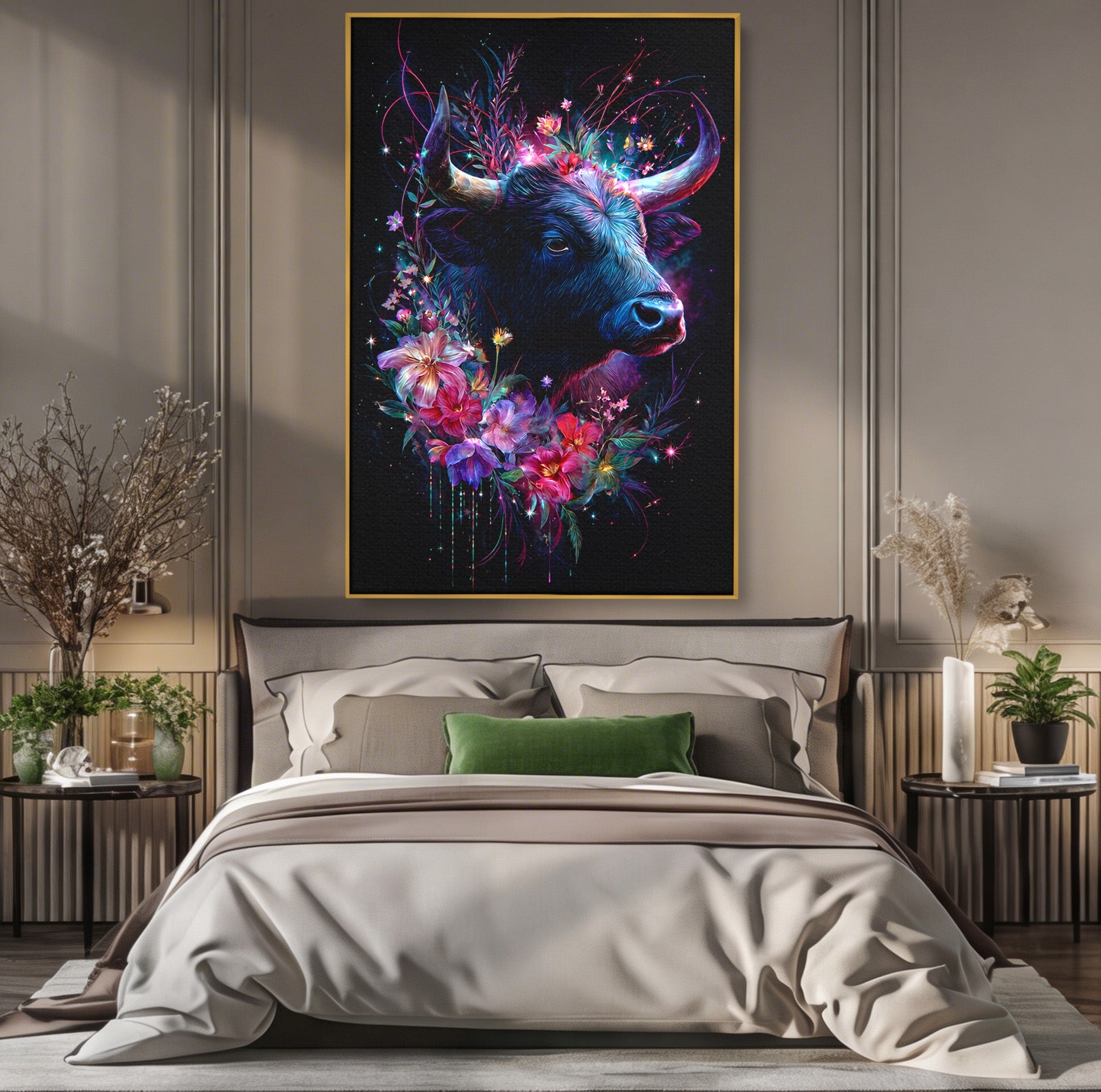 Tablou Canvas Premium LuxCanva® M1573, Forță și Mister, Taur, Flori, Natura, Arta, Living, Culori Vibrante