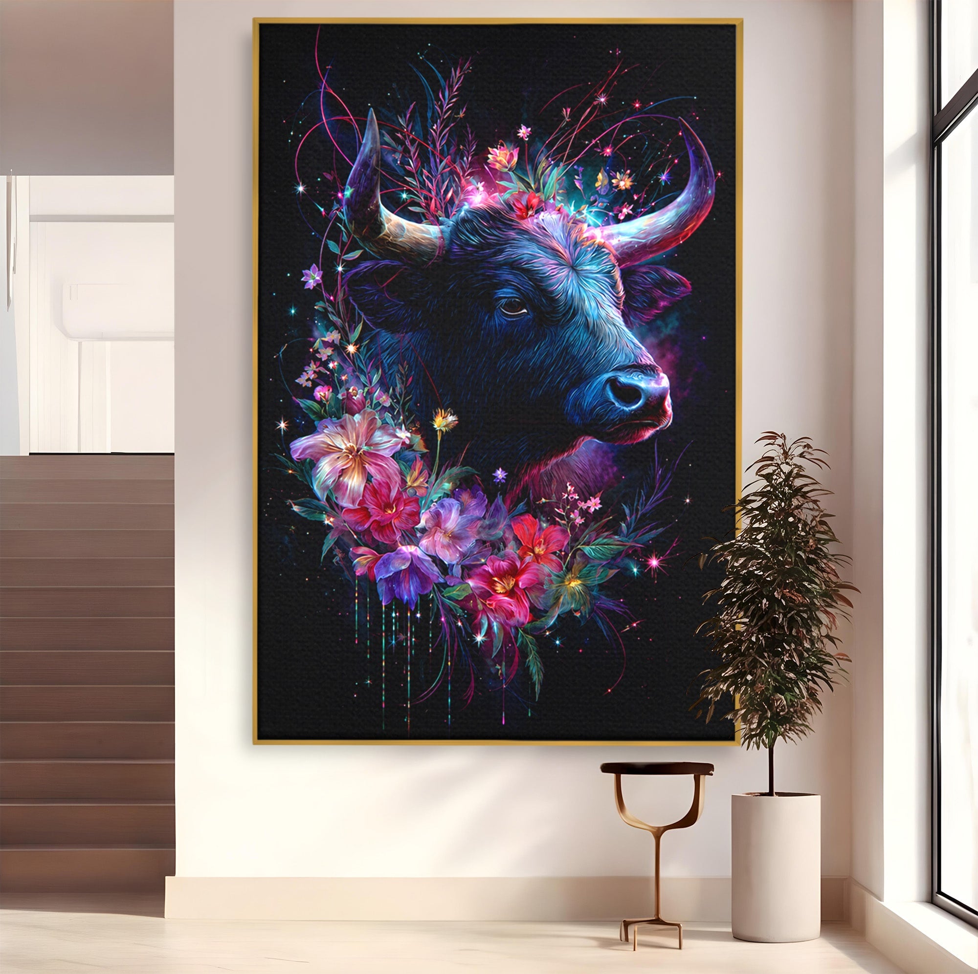 Tablou Canvas Premium LuxCanva® M1573, Forță și Mister, Taur, Flori, Natura, Arta, Living, Culori Vibrante