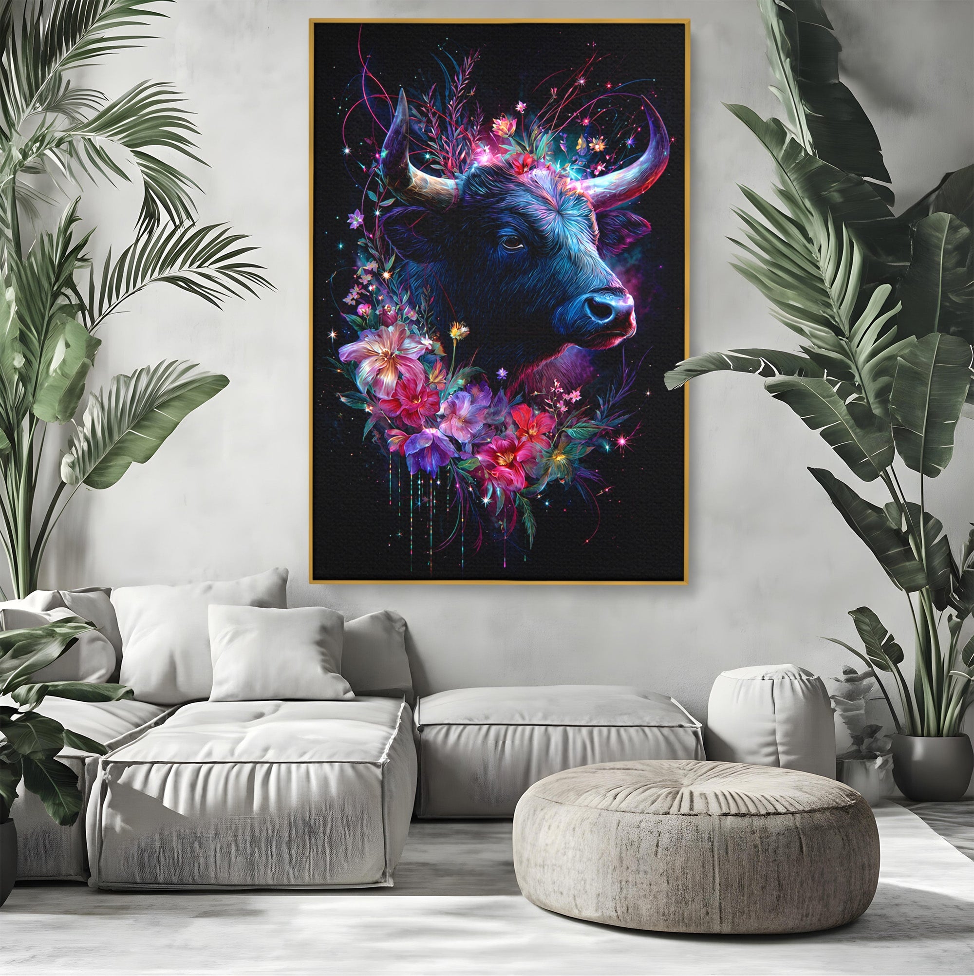 Tablou Canvas Premium LuxCanva® M1573, Forță și Mister, Taur, Flori, Natura, Arta, Living, Culori Vibrante