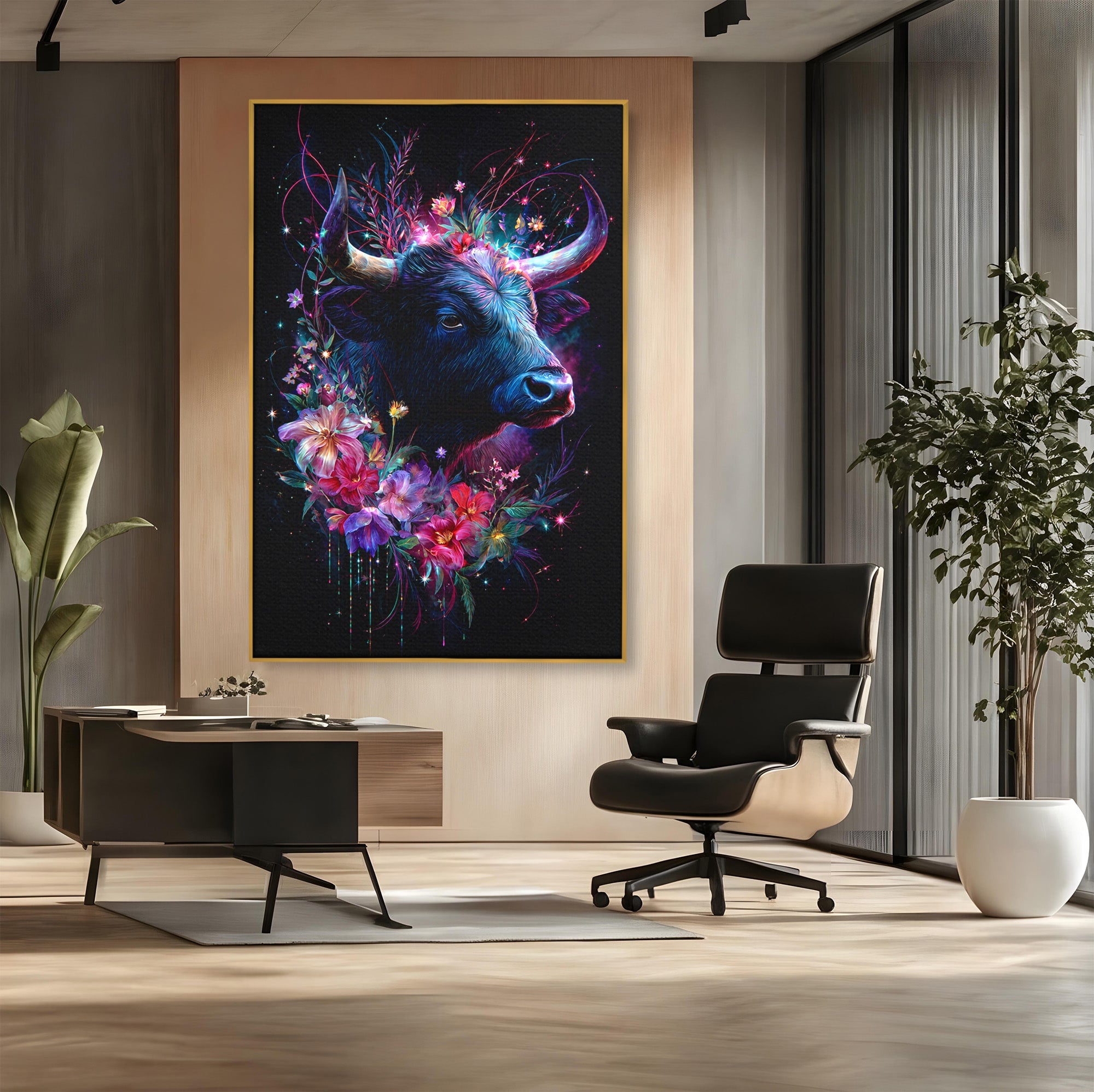 Tablou Canvas Premium LuxCanva® M1573, Forță și Mister, Taur, Flori, Natura, Arta, Living, Culori Vibrante