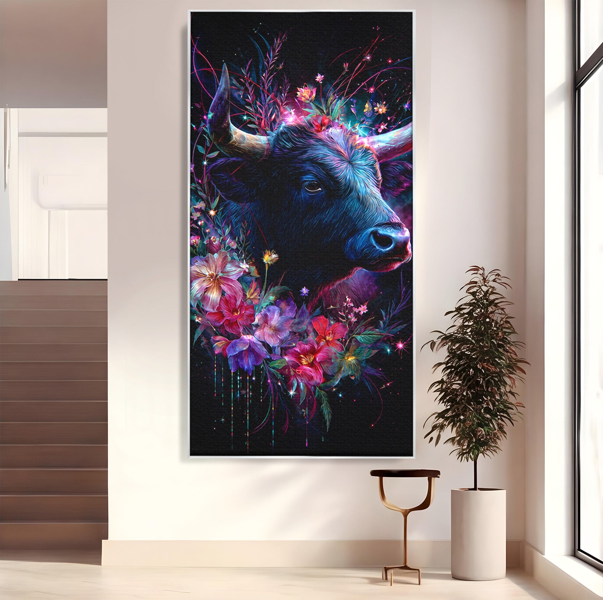 Tablou Canvas Premium LuxCanva® M1573, Forță și Mister, Taur, Flori, Natura, Arta, Living, Culori Vibrante