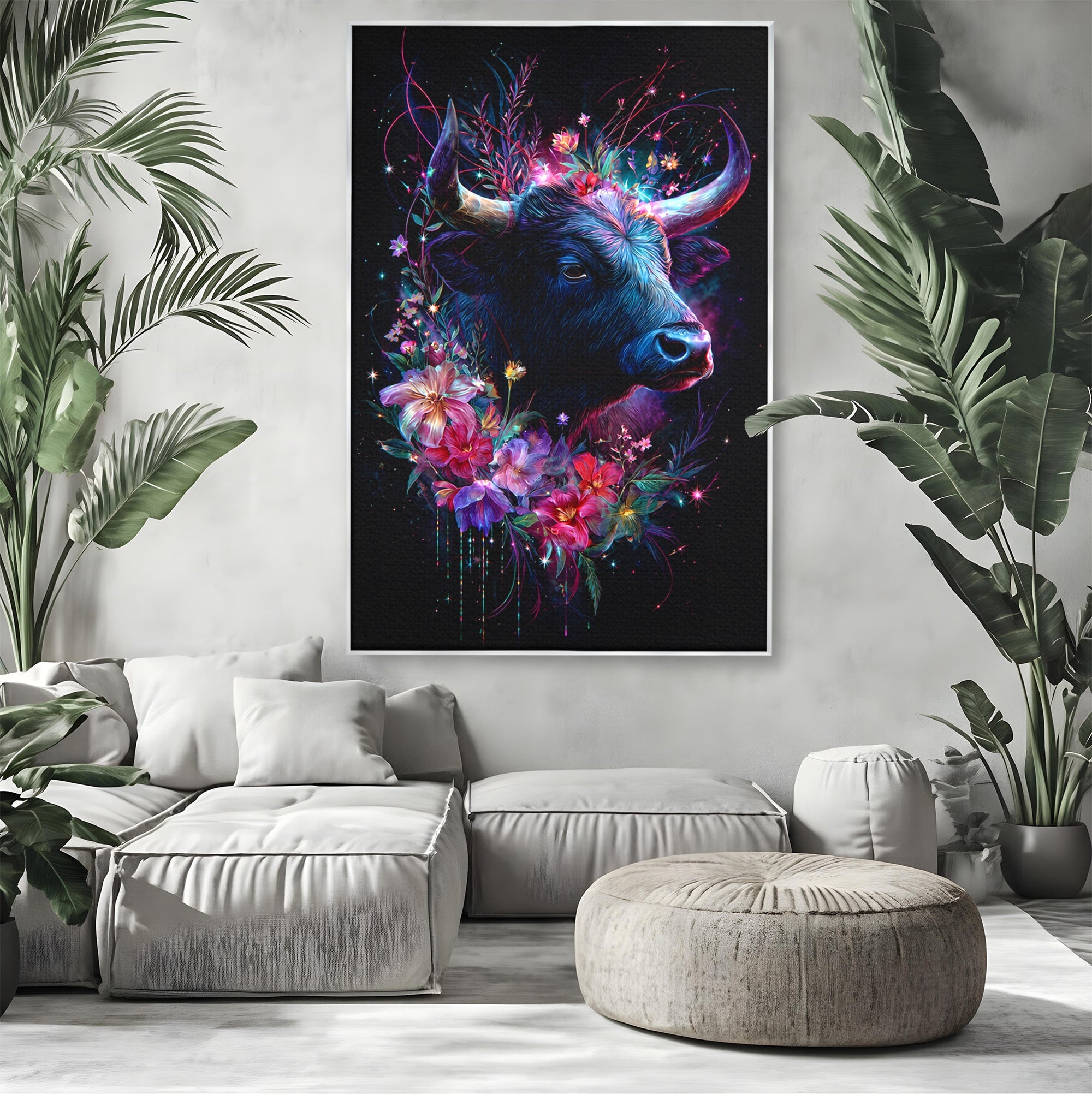 Tablou Canvas Premium LuxCanva® M1573, Forță și Mister, Taur, Flori, Natura, Arta, Living, Culori Vibrante
