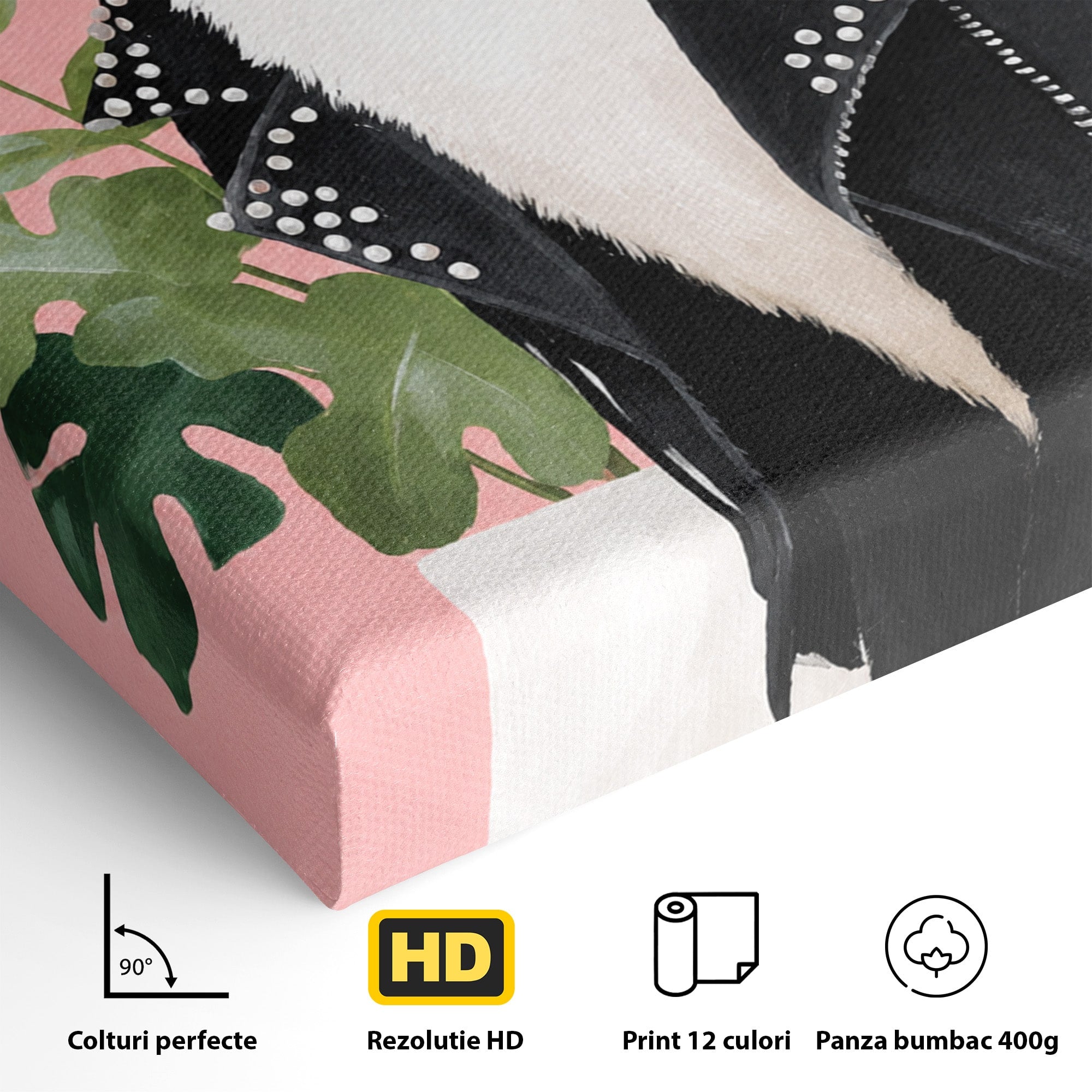 Tablou Canvas Premium LuxCanva® M1575, Pisica Rock, Pisica, Geaca Piele, Planta, Living, Amuzant, Culori Vibrante