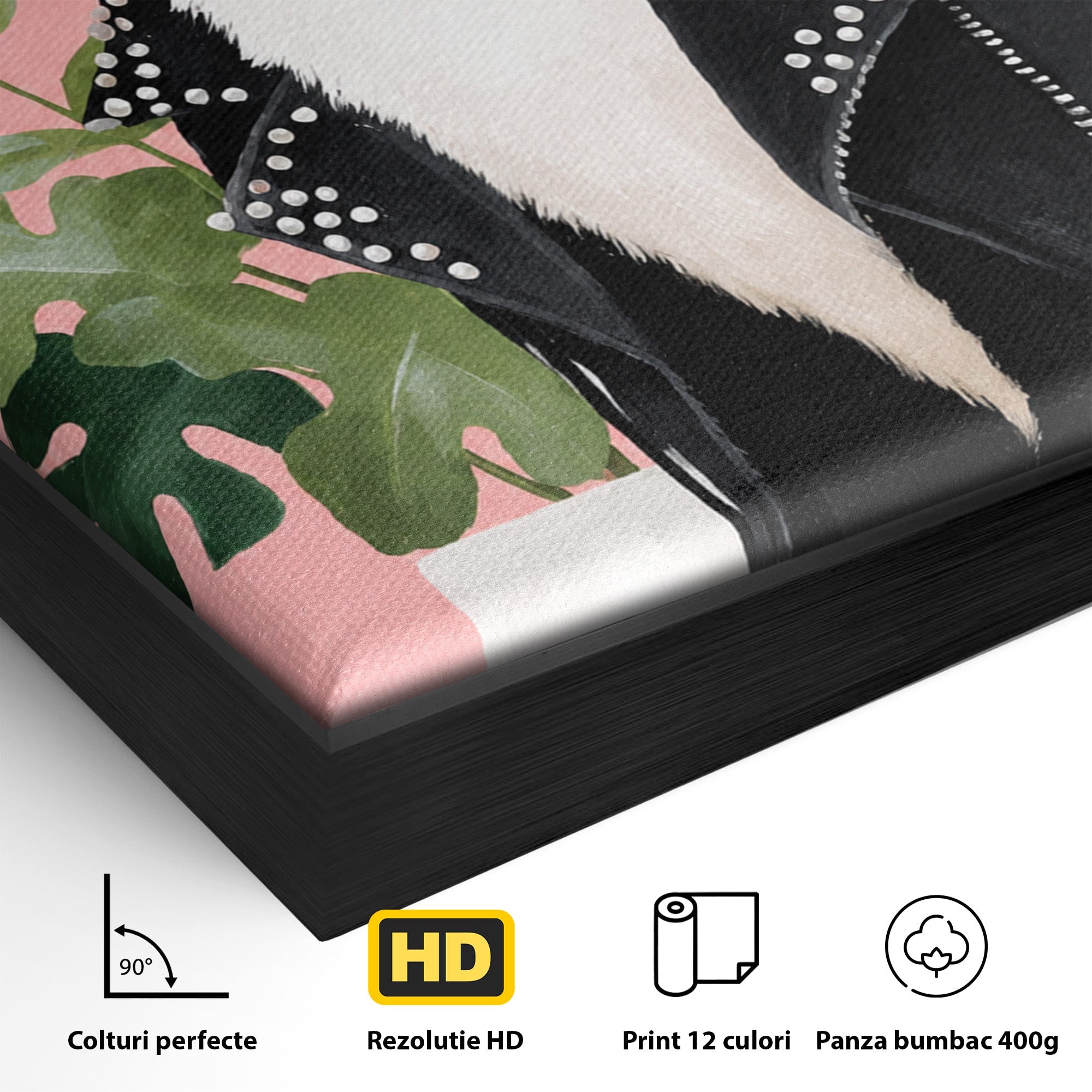 Tablou Canvas Premium LuxCanva® M1575, Pisica Rock, Pisica, Geaca Piele, Planta, Living, Amuzant, Culori Vibrante