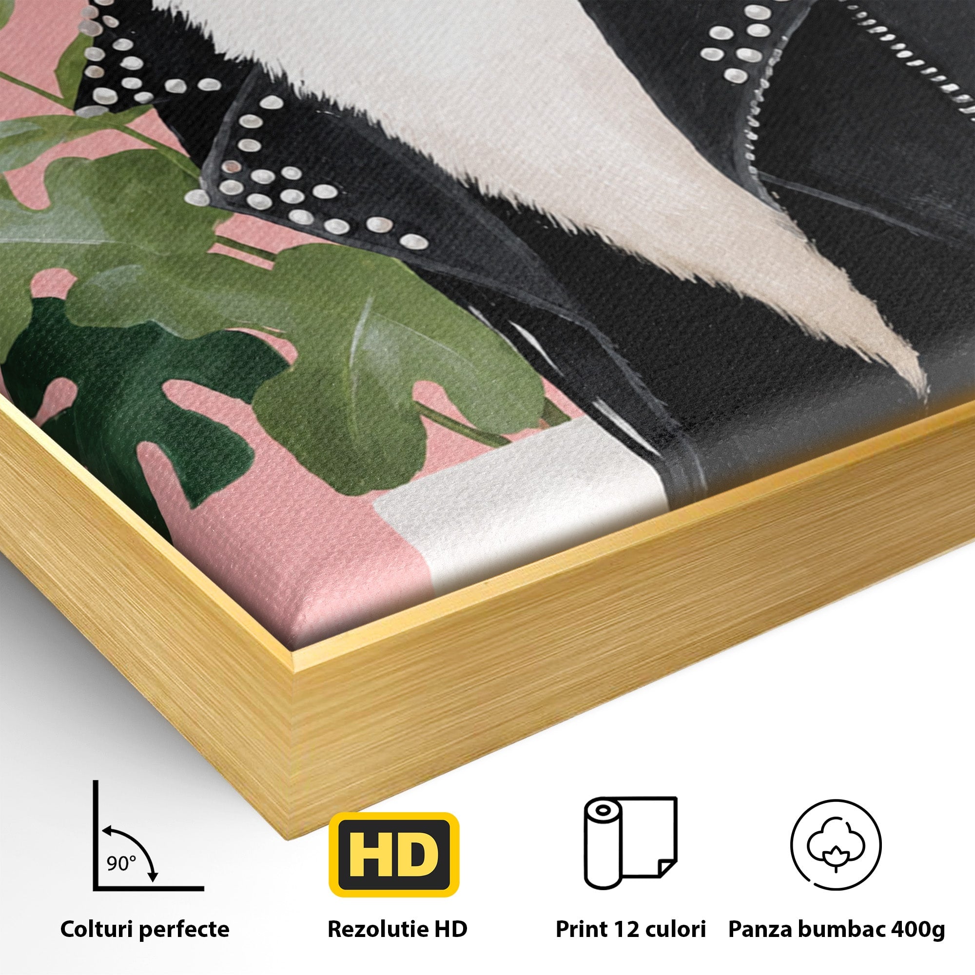 Tablou Canvas Premium LuxCanva® M1575, Pisica Rock, Pisica, Geaca Piele, Planta, Living, Amuzant, Culori Vibrante