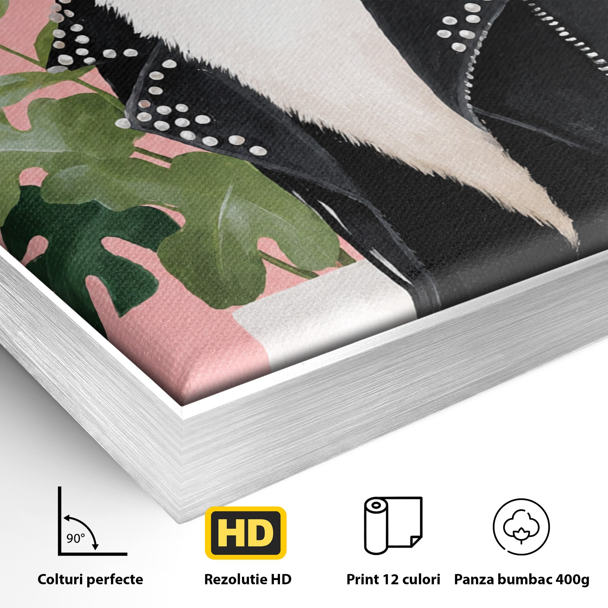 Tablou Canvas Premium LuxCanva® M1575, Pisica Rock, Pisica, Geaca Piele, Planta, Living, Amuzant, Culori Vibrante