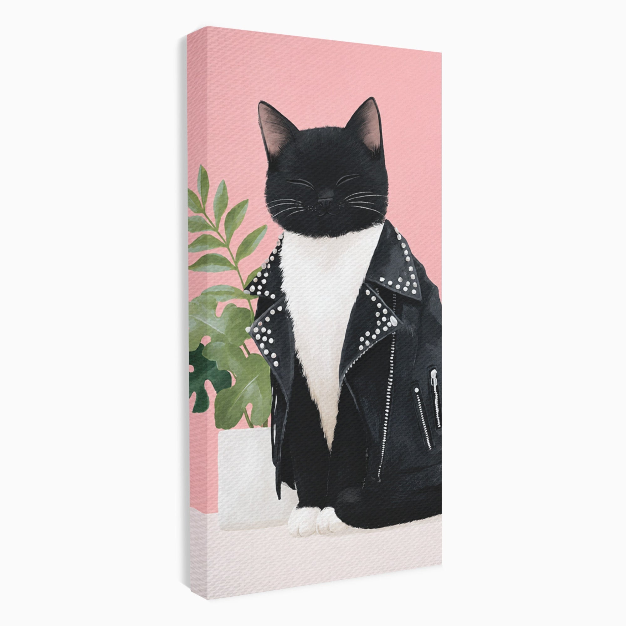 Tablou Canvas Premium LuxCanva® M1575, Pisica Rock, Pisica, Geaca Piele, Planta, Living, Amuzant, Culori Vibrante