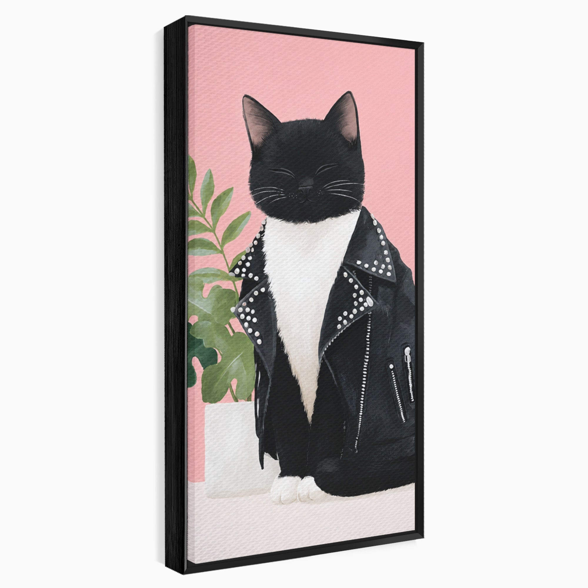 Tablou Canvas Premium LuxCanva® M1575, Pisica Rock, Pisica, Geaca Piele, Planta, Living, Amuzant, Culori Vibrante