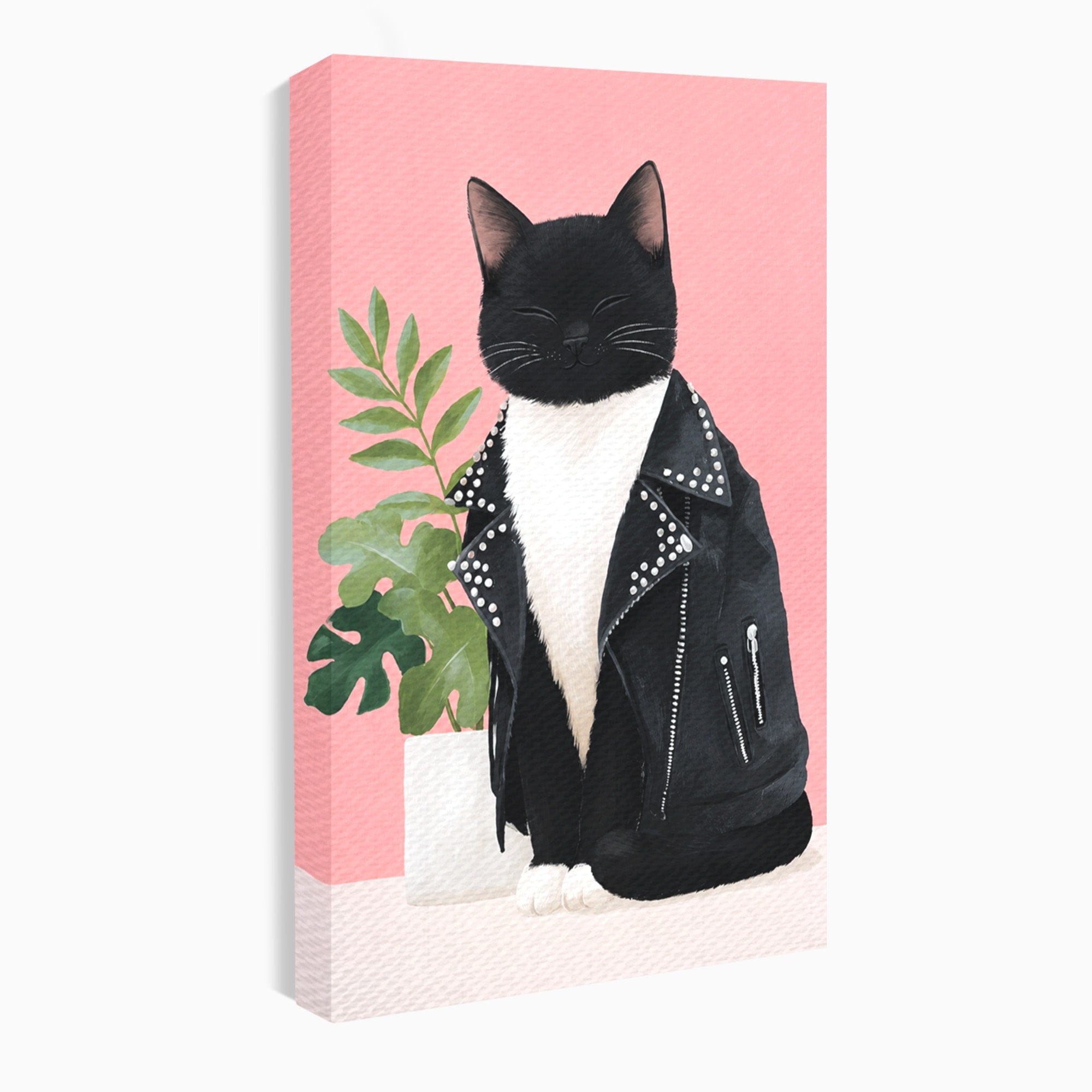 Tablou Canvas Premium LuxCanva® M1575, Pisica Rock, Pisica, Geaca Piele, Planta, Living, Amuzant, Culori Vibrante