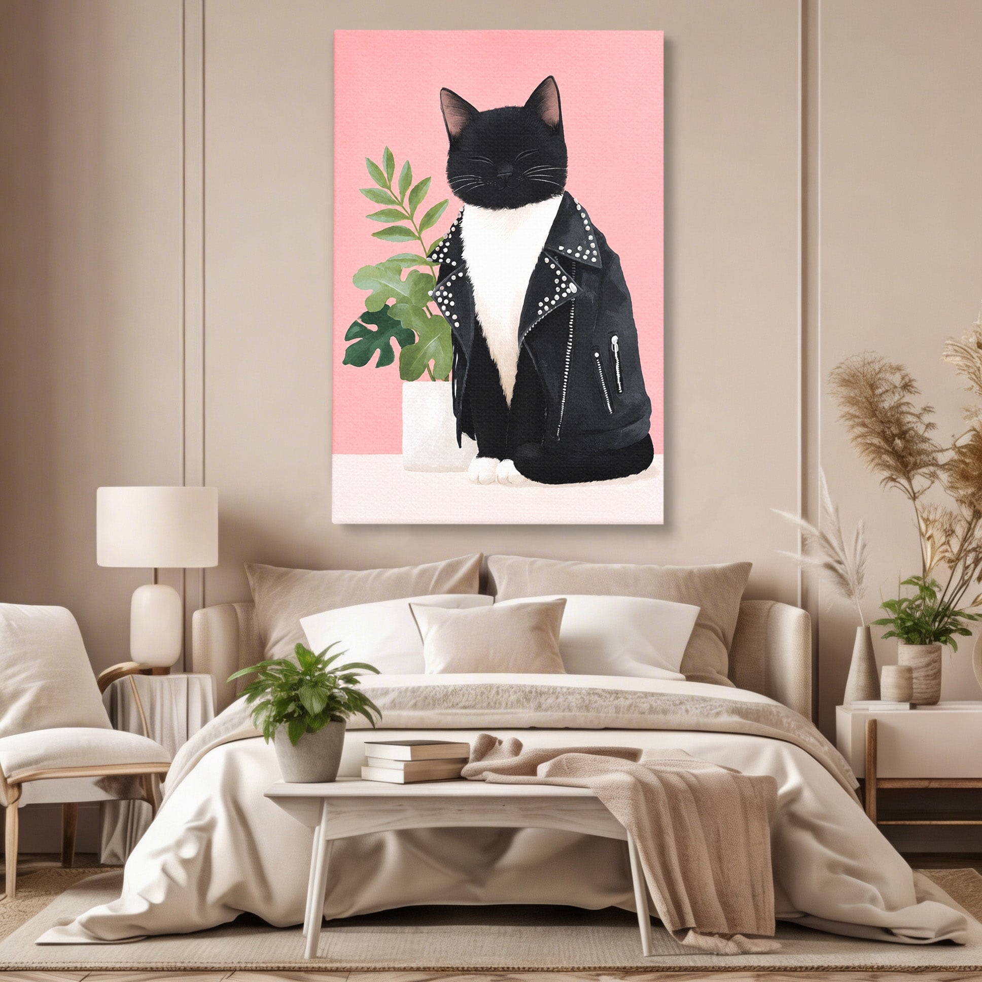 Tablou Canvas Premium LuxCanva® M1575, Pisica Rock, Pisica, Geaca Piele, Planta, Living, Amuzant, Culori Vibrante