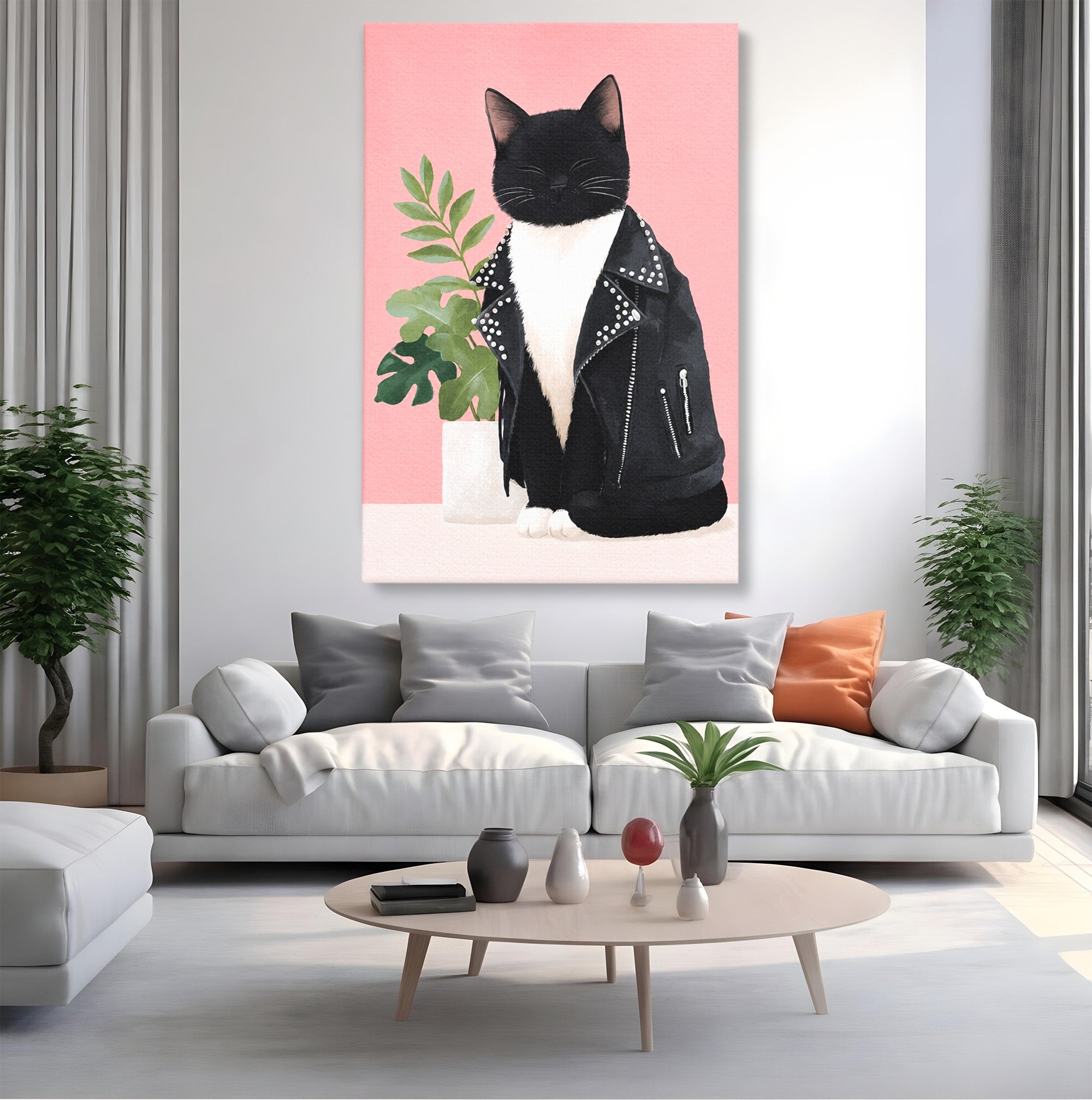 Tablou Canvas Premium LuxCanva® M1575, Pisica Rock, Pisica, Geaca Piele, Planta, Living, Amuzant, Culori Vibrante