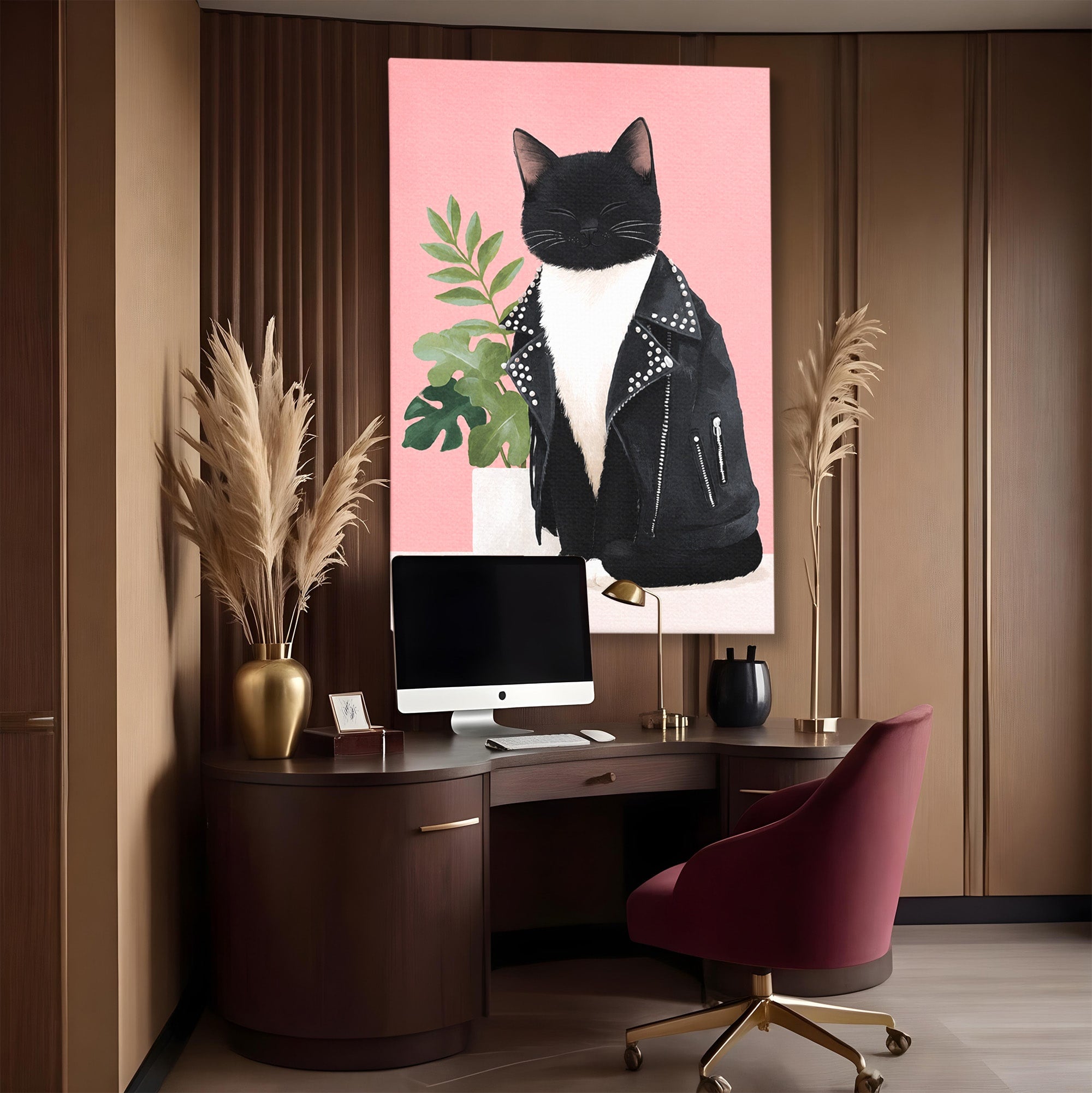 Tablou Canvas Premium LuxCanva® M1575, Pisica Rock, Pisica, Geaca Piele, Planta, Living, Amuzant, Culori Vibrante