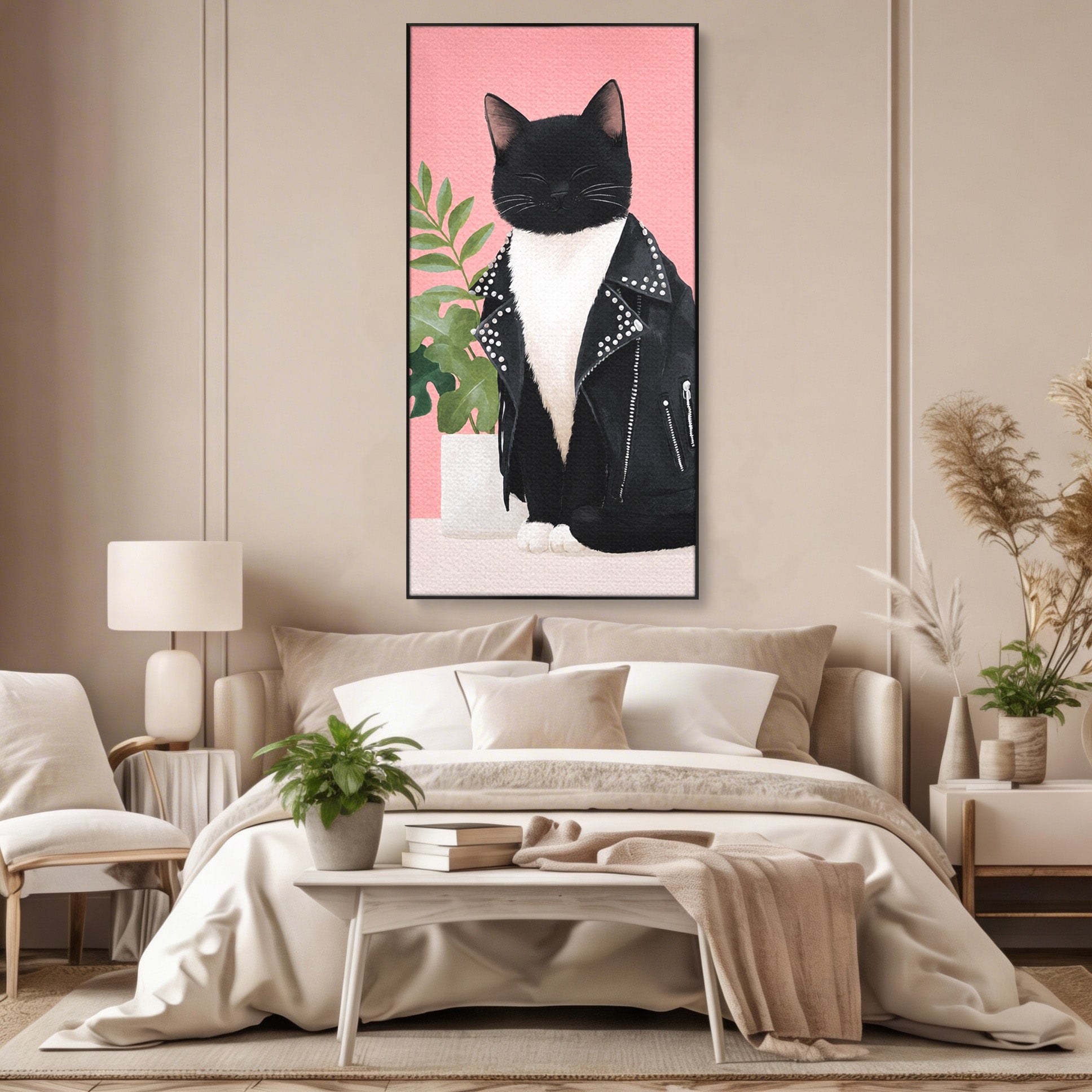 Tablou Canvas Premium LuxCanva® M1575, Pisica Rock, Pisica, Geaca Piele, Planta, Living, Amuzant, Culori Vibrante