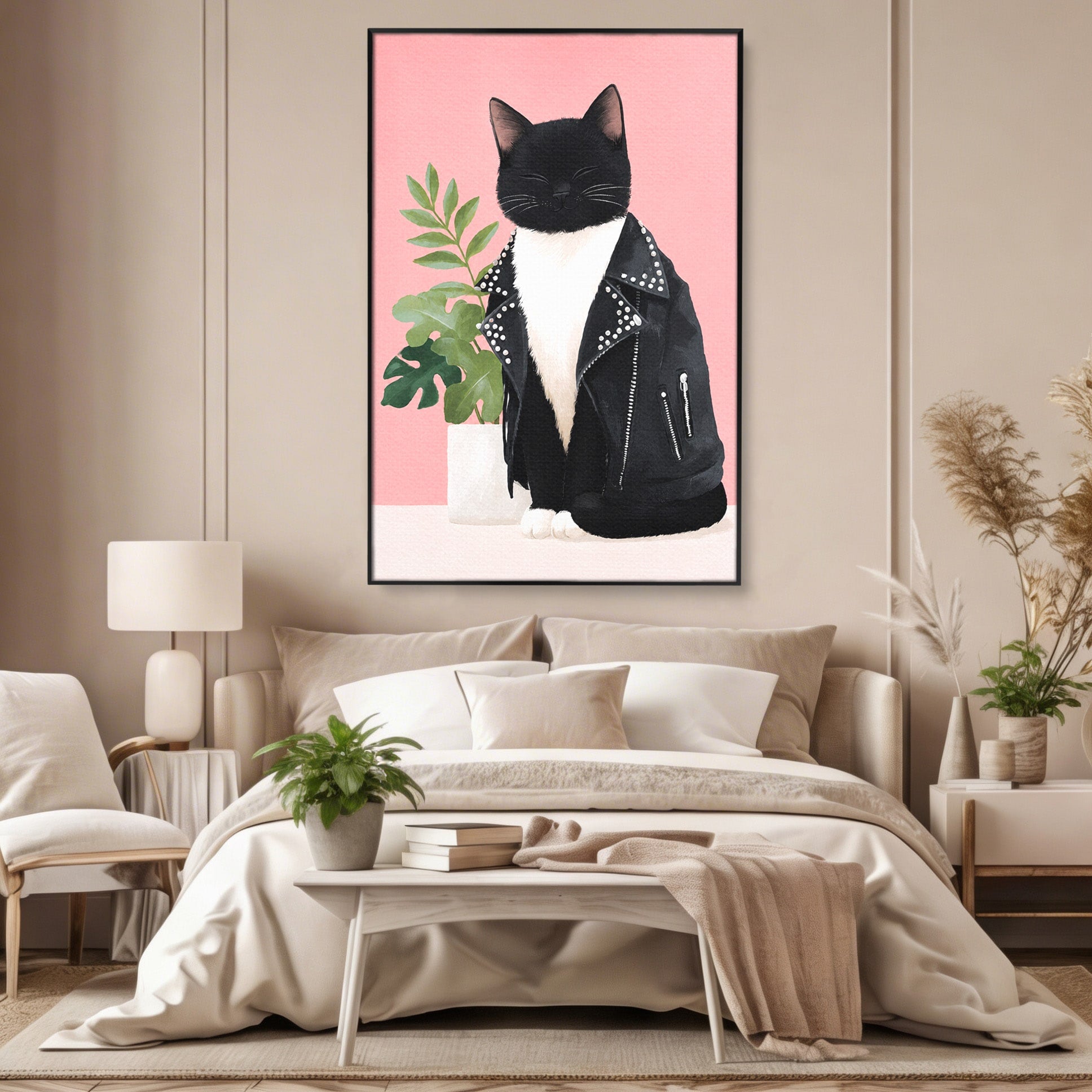 Tablou Canvas Premium LuxCanva® M1575, Pisica Rock, Pisica, Geaca Piele, Planta, Living, Amuzant, Culori Vibrante