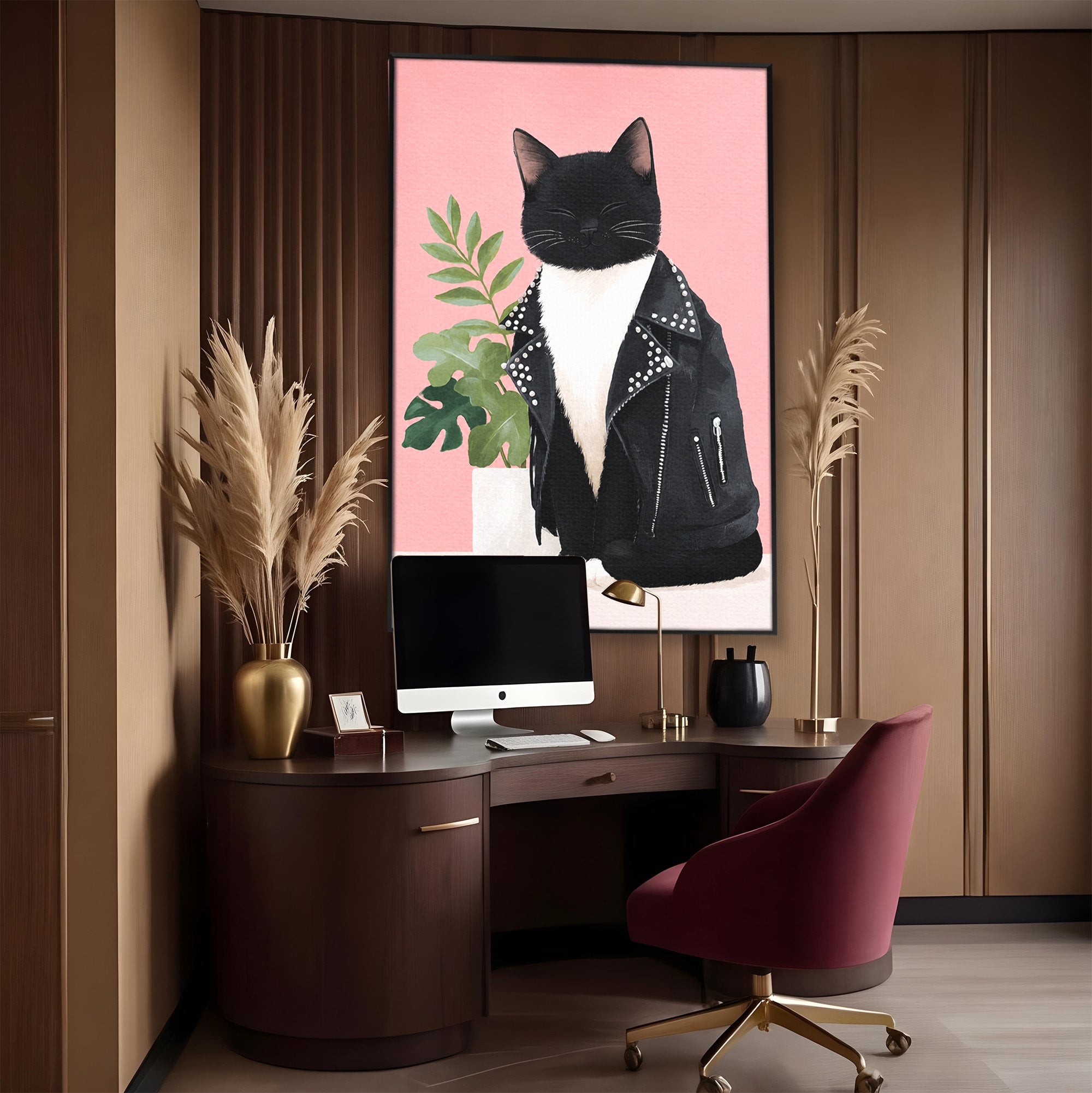 Tablou Canvas Premium LuxCanva® M1575, Pisica Rock, Pisica, Geaca Piele, Planta, Living, Amuzant, Culori Vibrante