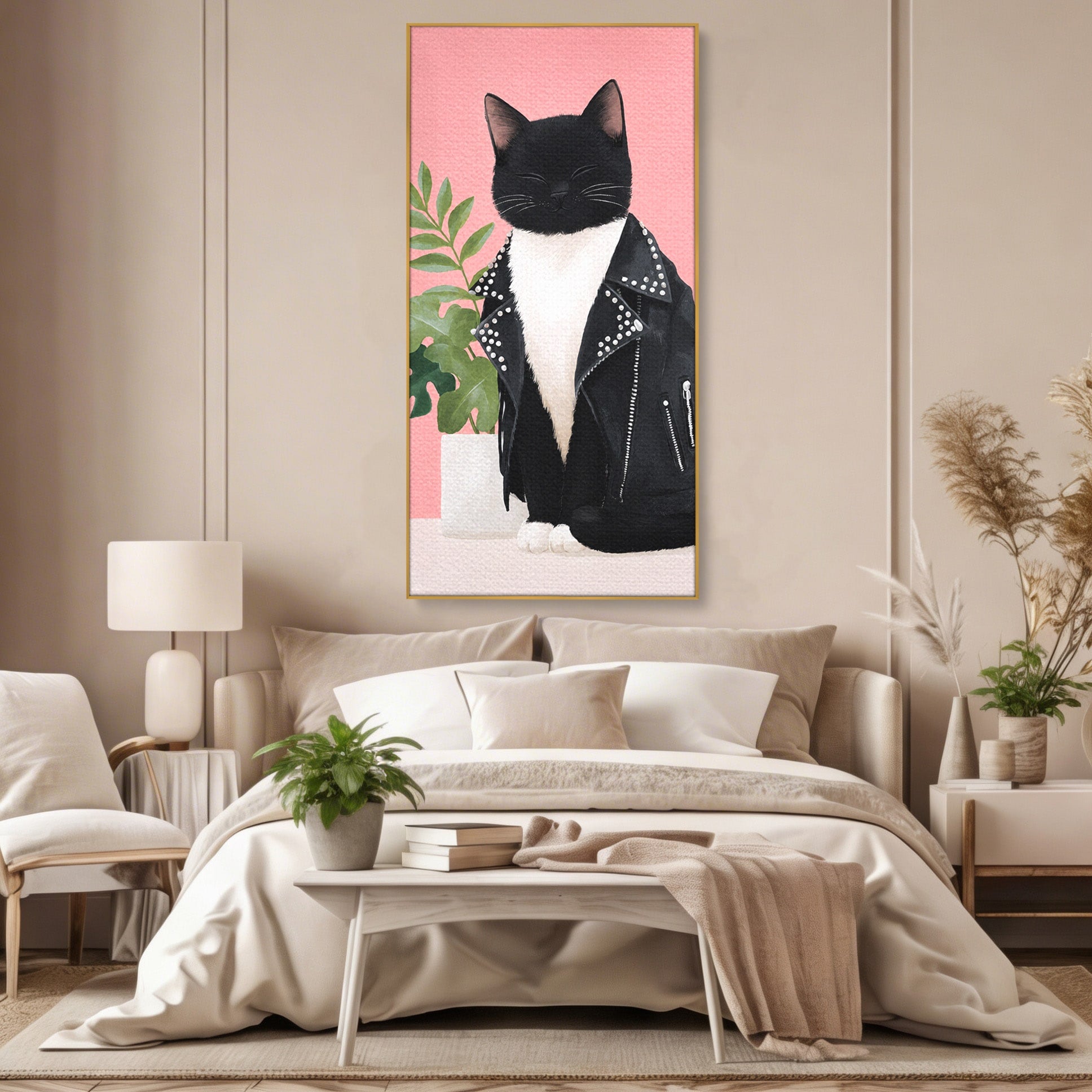 Tablou Canvas Premium LuxCanva® M1575, Pisica Rock, Pisica, Geaca Piele, Planta, Living, Amuzant, Culori Vibrante