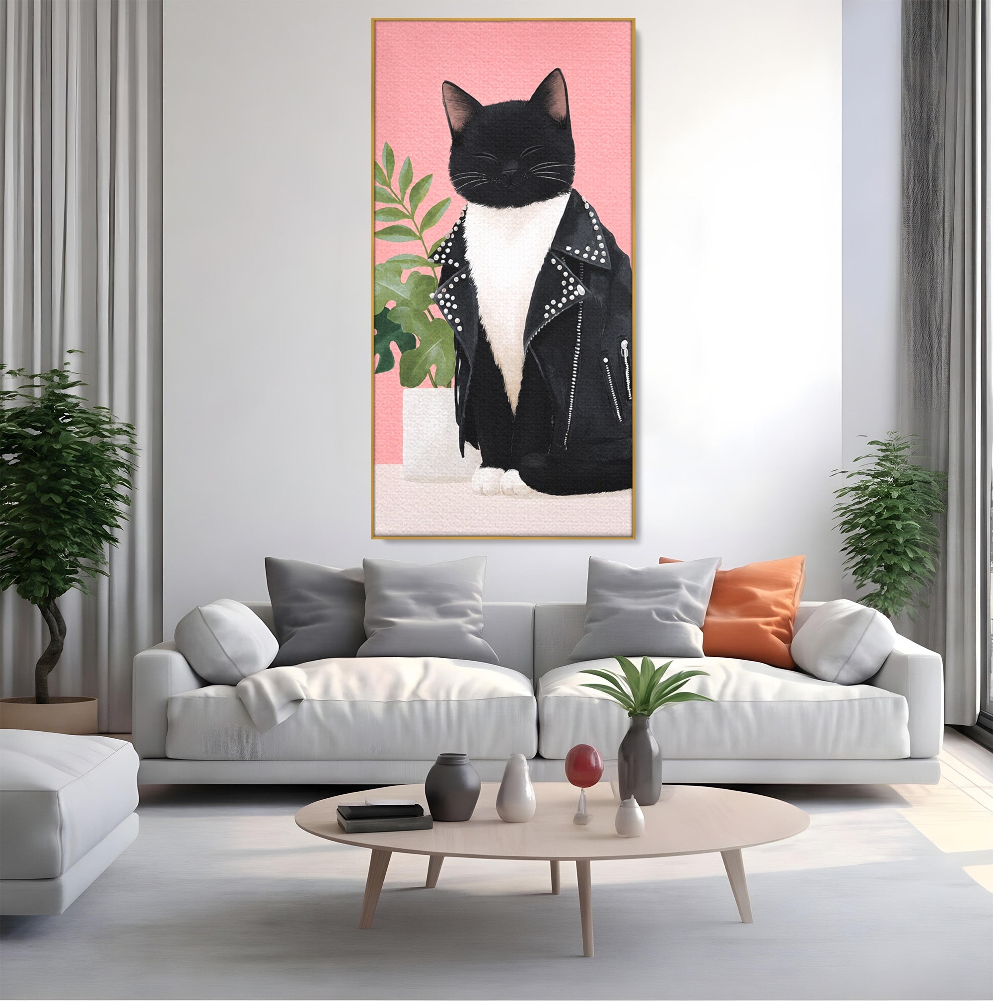 Tablou Canvas Premium LuxCanva® M1575, Pisica Rock, Pisica, Geaca Piele, Planta, Living, Amuzant, Culori Vibrante