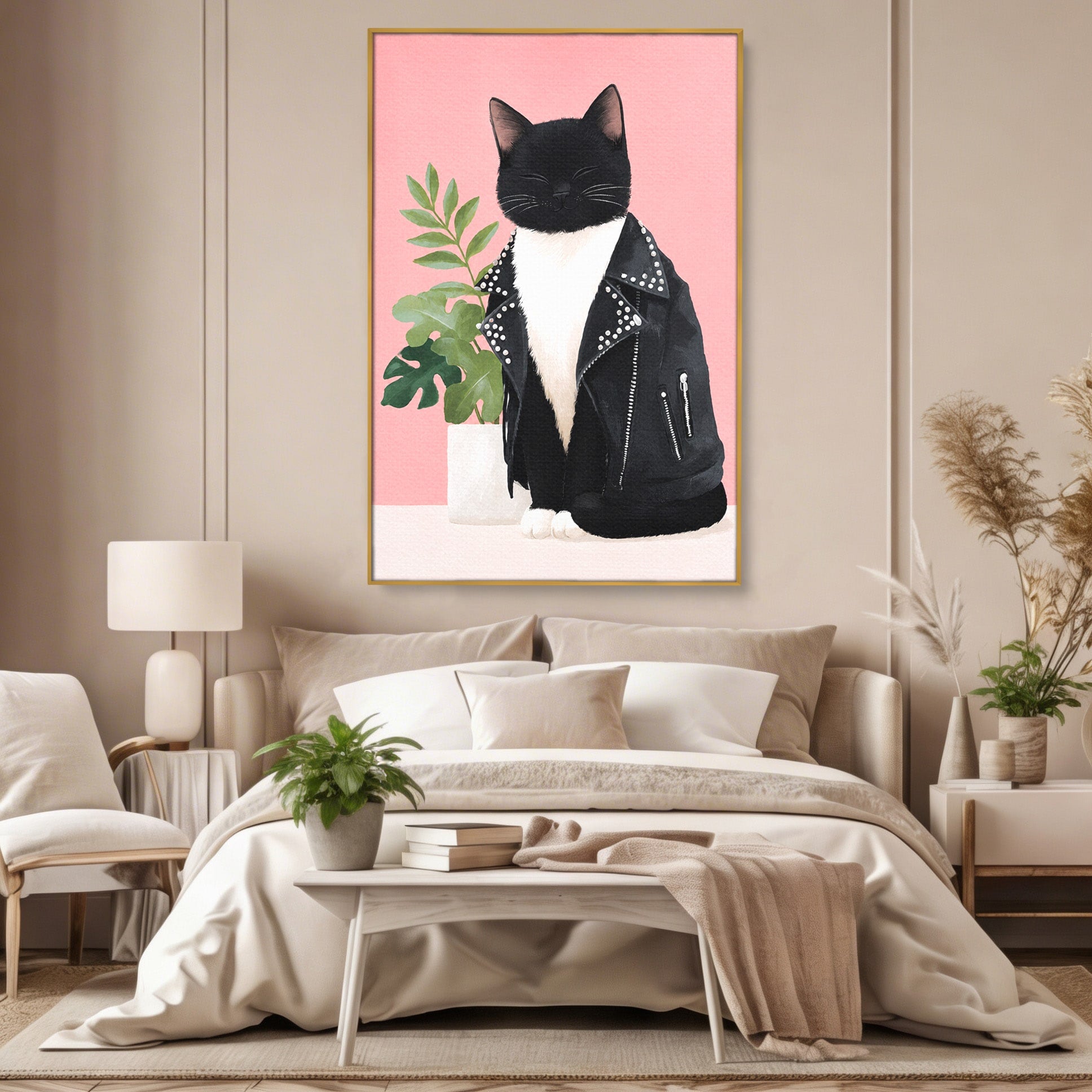 Tablou Canvas Premium LuxCanva® M1575, Pisica Rock, Pisica, Geaca Piele, Planta, Living, Amuzant, Culori Vibrante