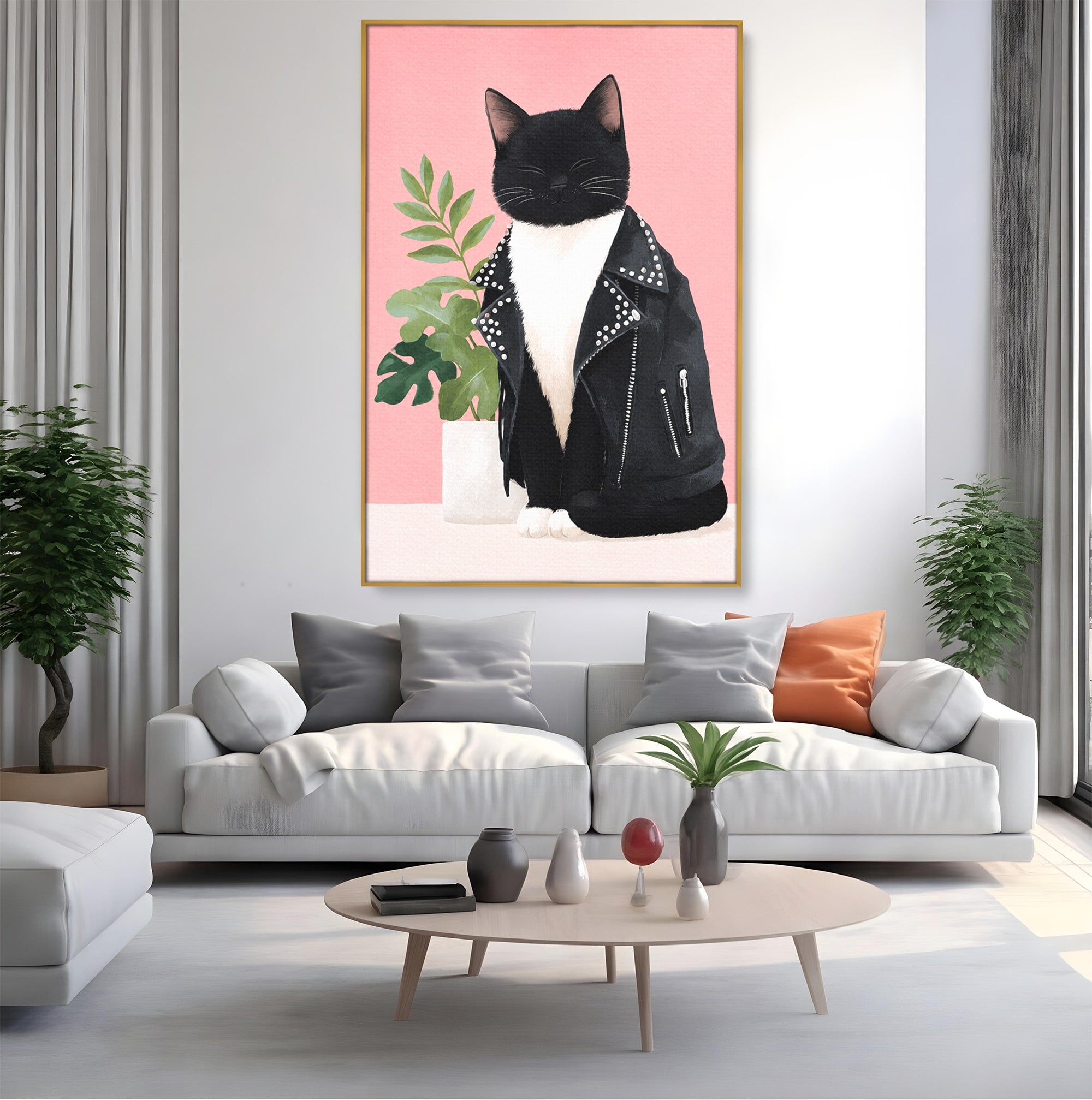 Tablou Canvas Premium LuxCanva® M1575, Pisica Rock, Pisica, Geaca Piele, Planta, Living, Amuzant, Culori Vibrante