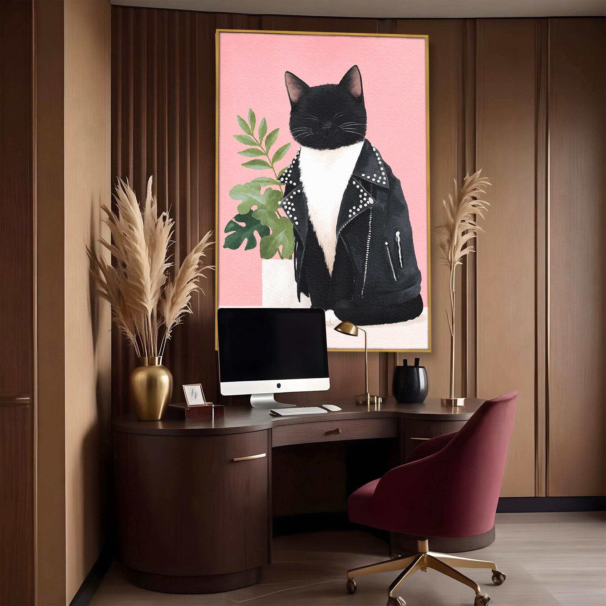 Tablou Canvas Premium LuxCanva® M1575, Pisica Rock, Pisica, Geaca Piele, Planta, Living, Amuzant, Culori Vibrante