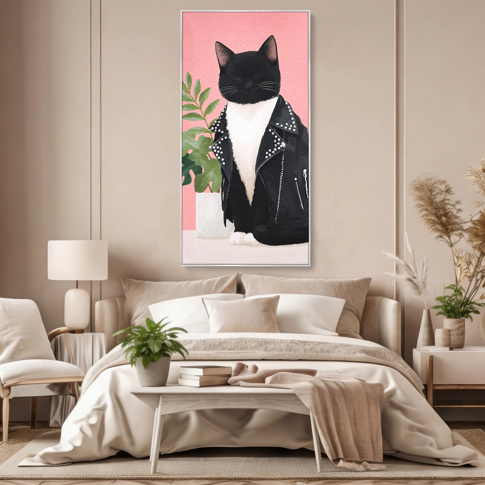 Tablou Canvas Premium LuxCanva® M1575, Pisica Rock, Pisica, Geaca Piele, Planta, Living, Amuzant, Culori Vibrante