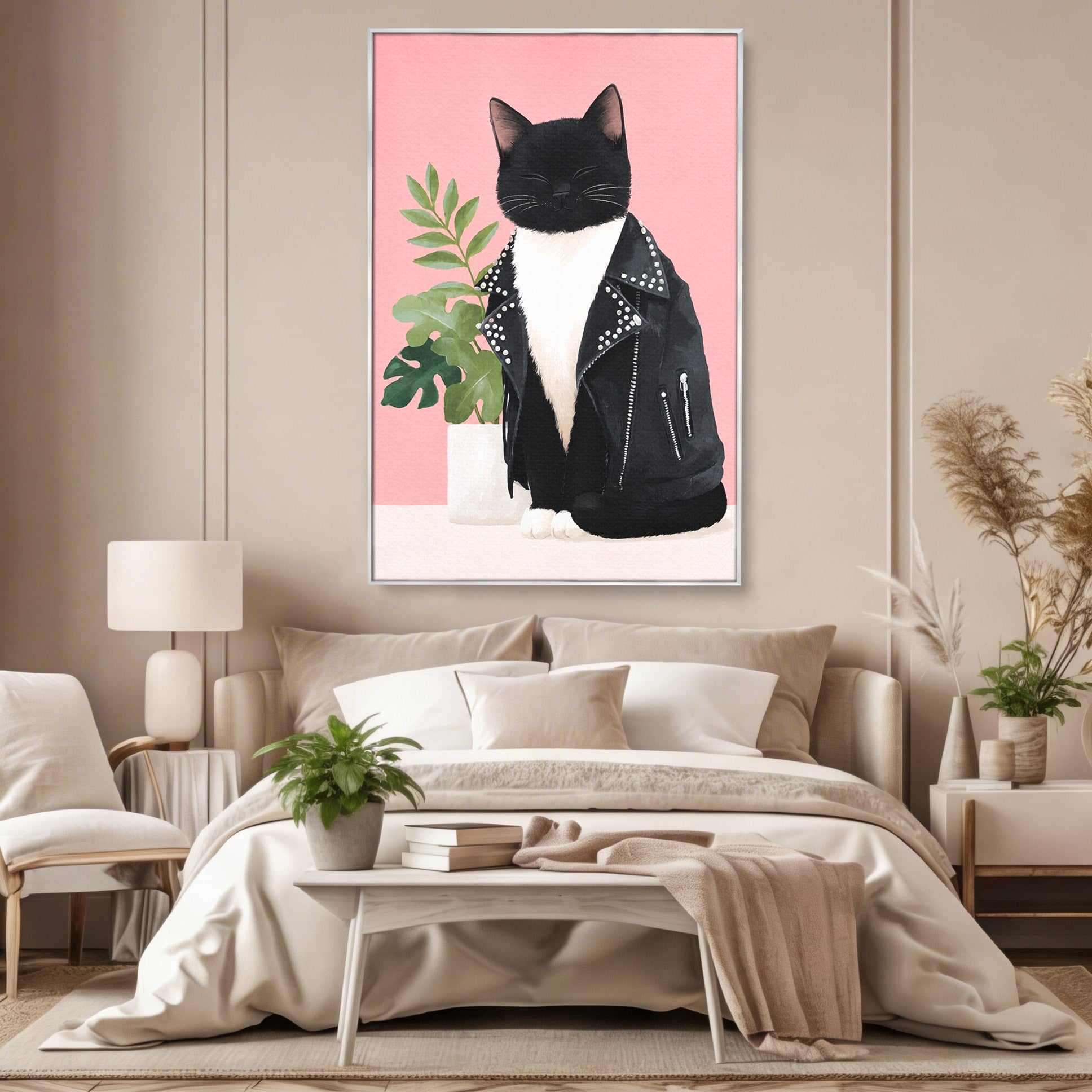 Tablou Canvas Premium LuxCanva® M1575, Pisica Rock, Pisica, Geaca Piele, Planta, Living, Amuzant, Culori Vibrante