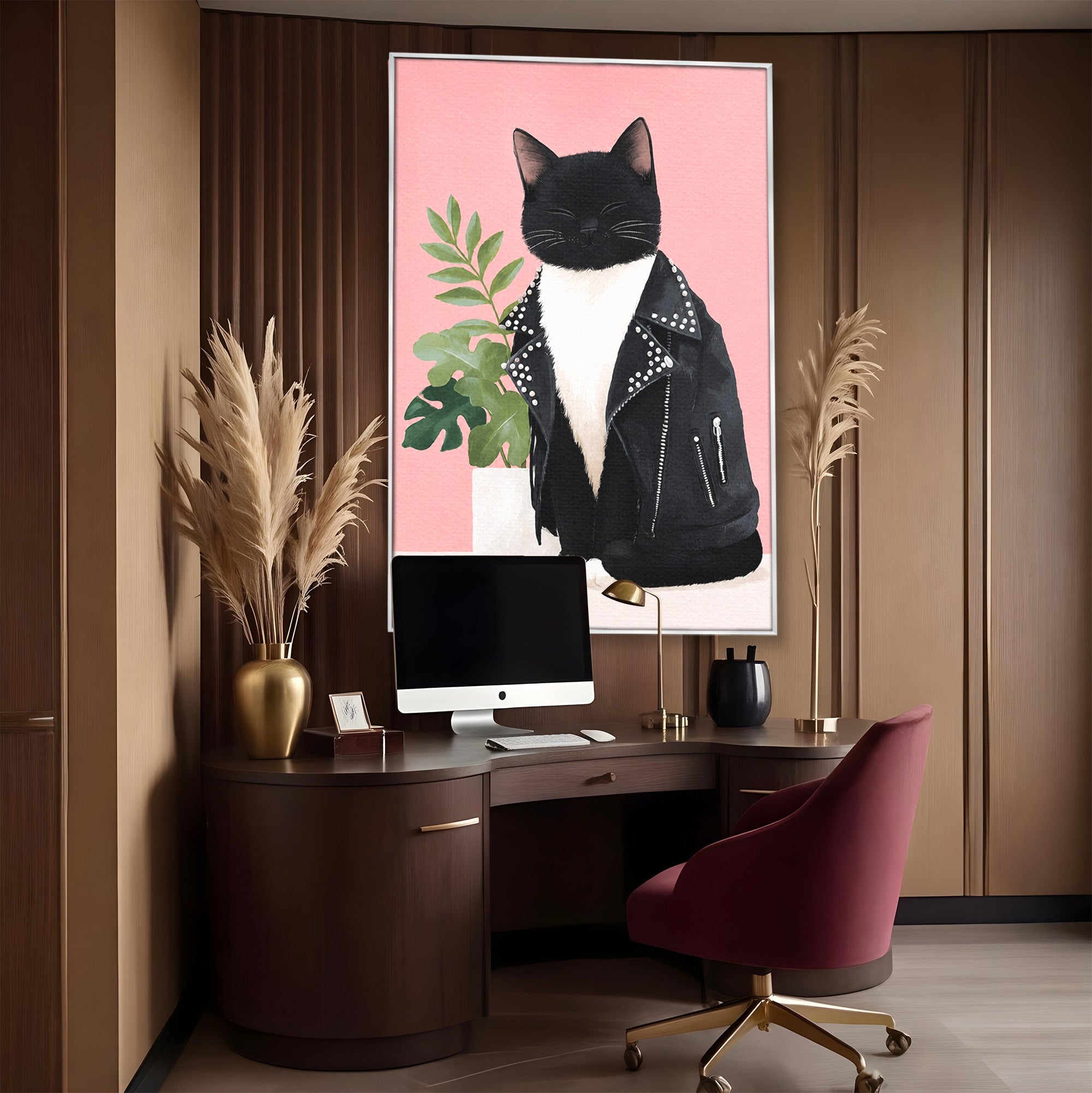 Tablou Canvas Premium LuxCanva® M1575, Pisica Rock, Pisica, Geaca Piele, Planta, Living, Amuzant, Culori Vibrante