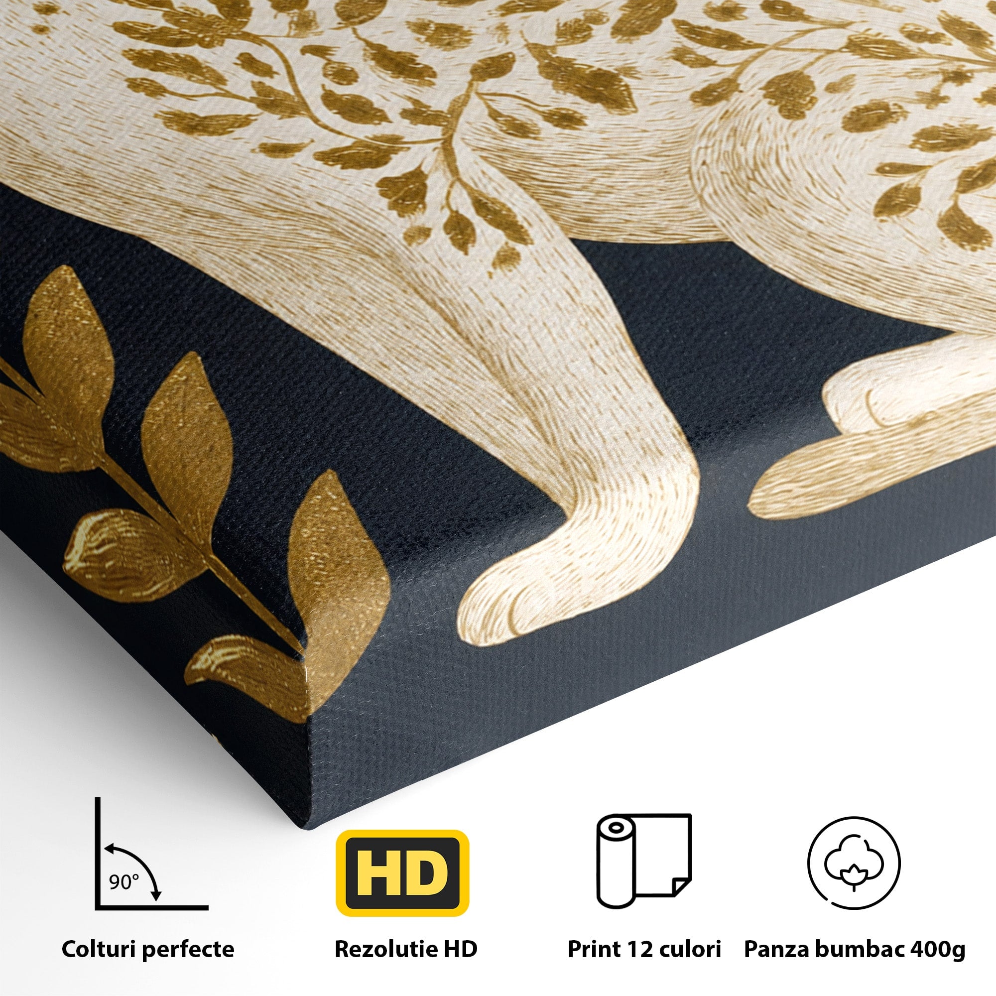 Tablou Canvas Premium LuxCanva® M1578, Leopard Regal, Leopard, Flori, Aur, Dormitor, Eleganta, Culori Vibrante
