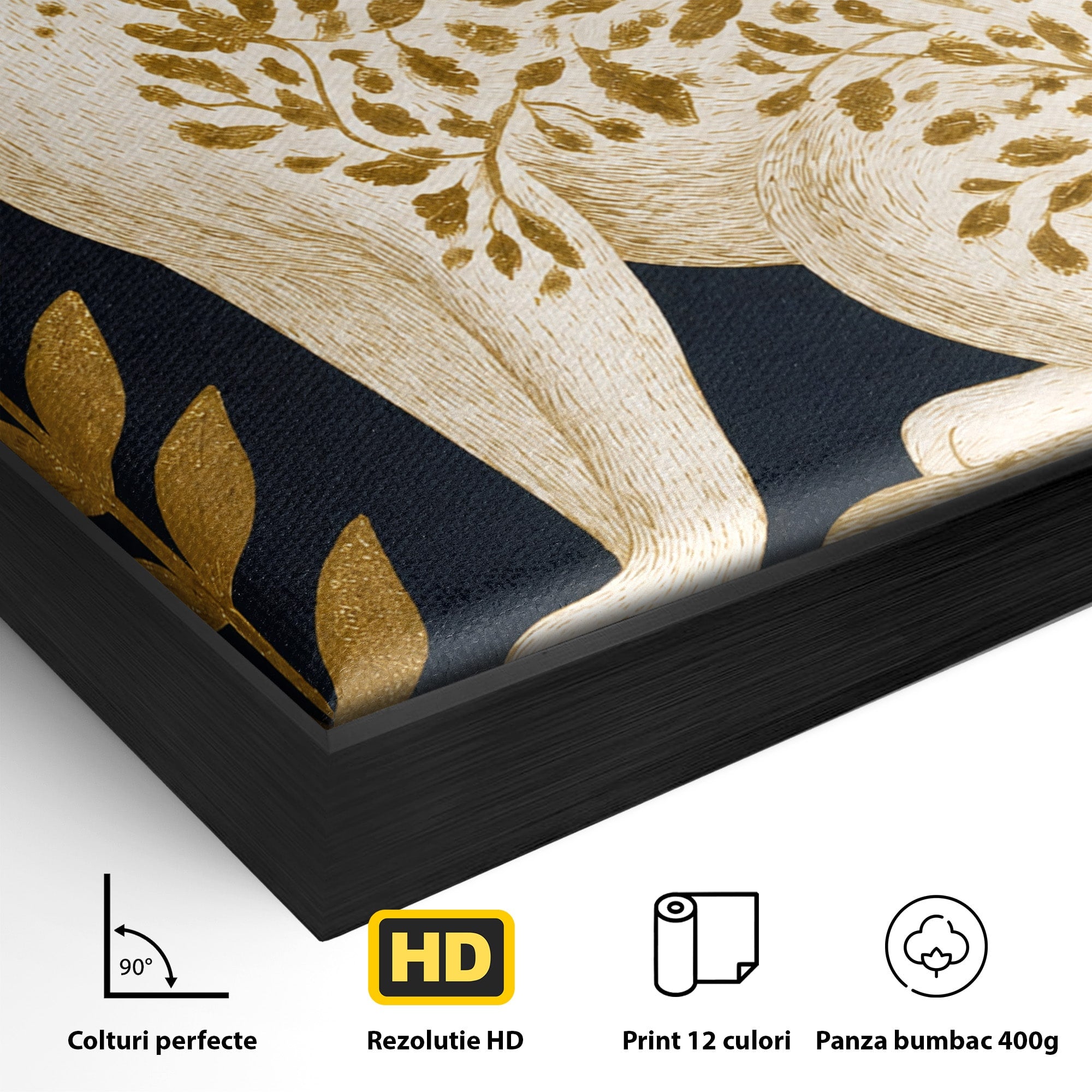 Tablou Canvas Premium LuxCanva® M1578, Leopard Regal, Leopard, Flori, Aur, Dormitor, Eleganta, Culori Vibrante