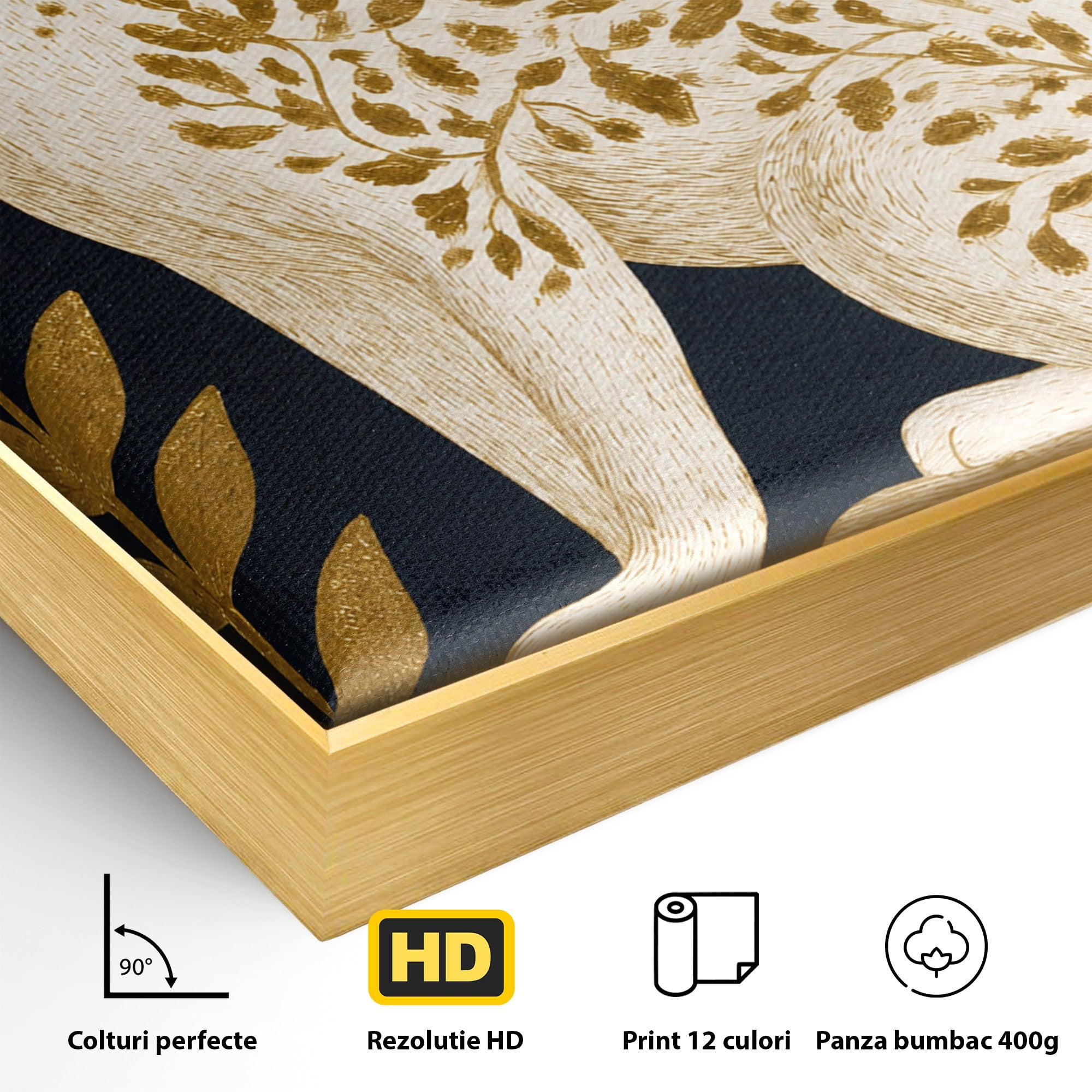 Tablou Canvas Premium LuxCanva® M1578, Leopard Regal, Leopard, Flori, Aur, Dormitor, Eleganta, Culori Vibrante