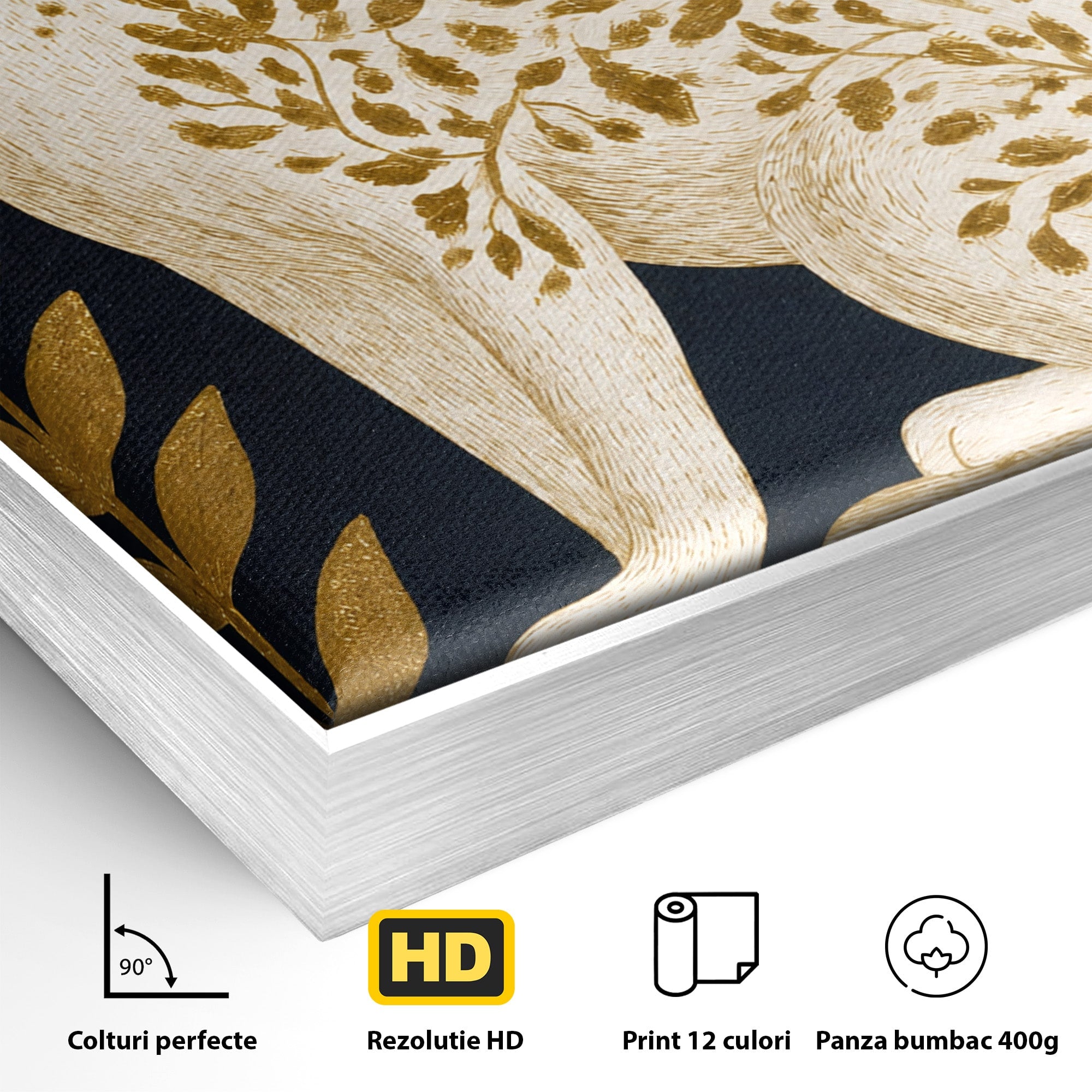 Tablou Canvas Premium LuxCanva® M1578, Leopard Regal, Leopard, Flori, Aur, Dormitor, Eleganta, Culori Vibrante