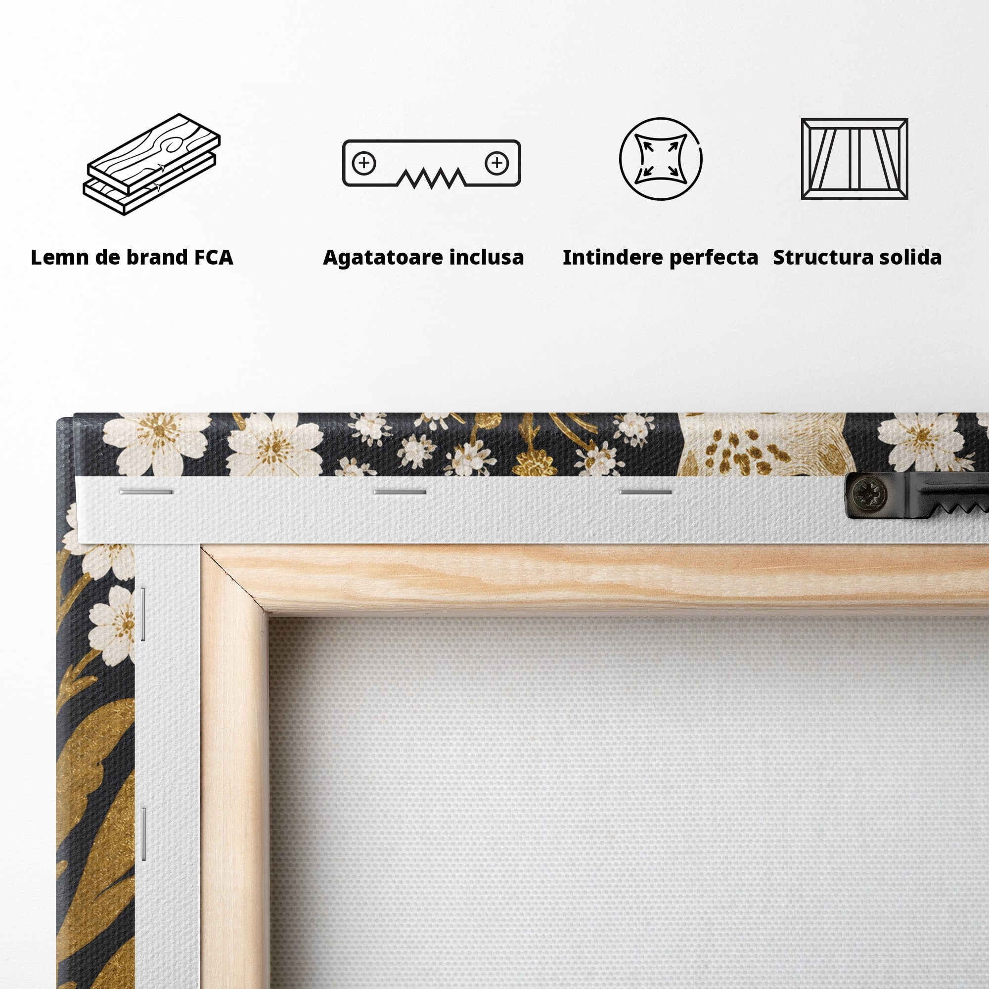 Tablou Canvas Premium LuxCanva® M1578, Leopard Regal, Leopard, Flori, Aur, Dormitor, Eleganta, Culori Vibrante