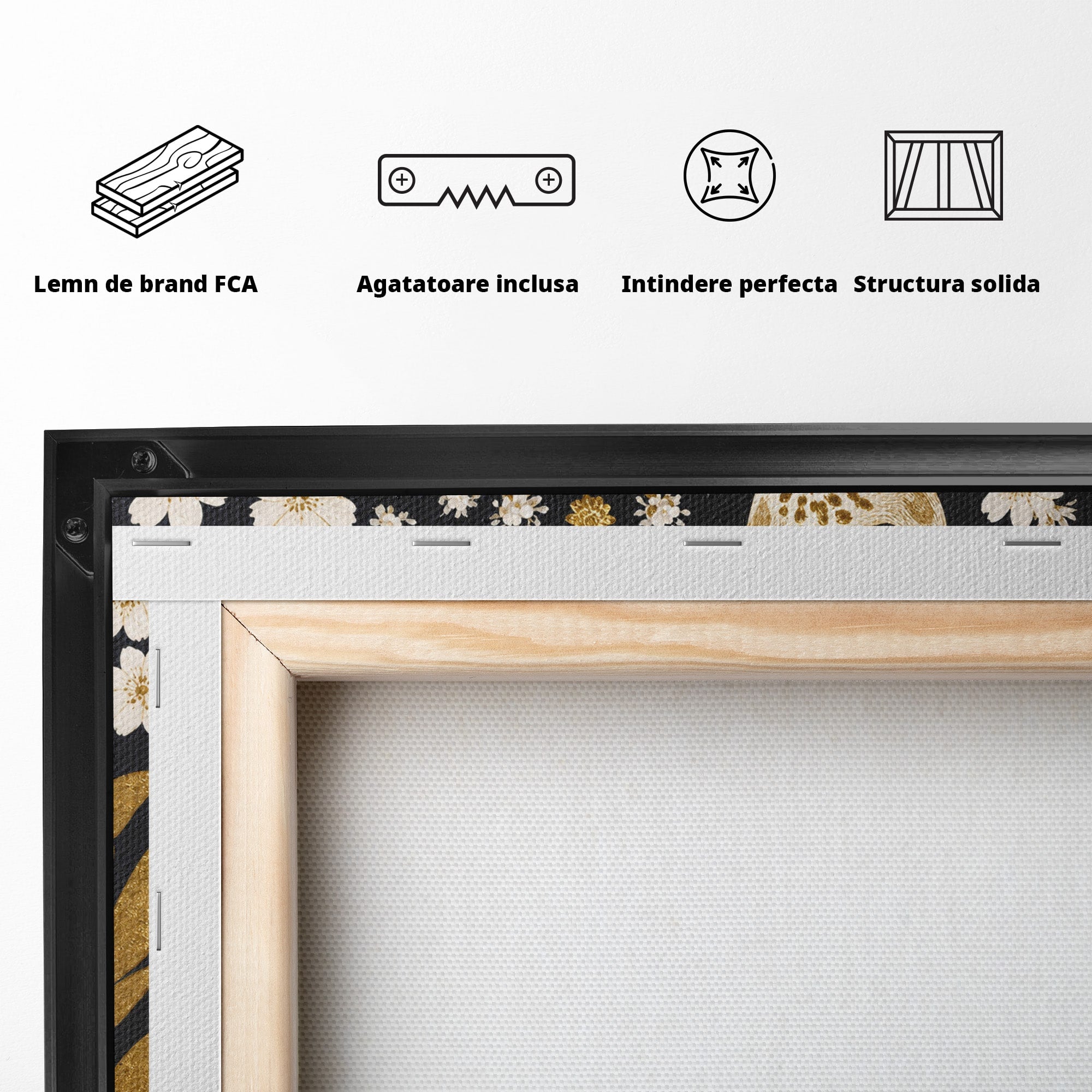 Tablou Canvas Premium LuxCanva® M1578, Leopard Regal, Leopard, Flori, Aur, Dormitor, Eleganta, Culori Vibrante