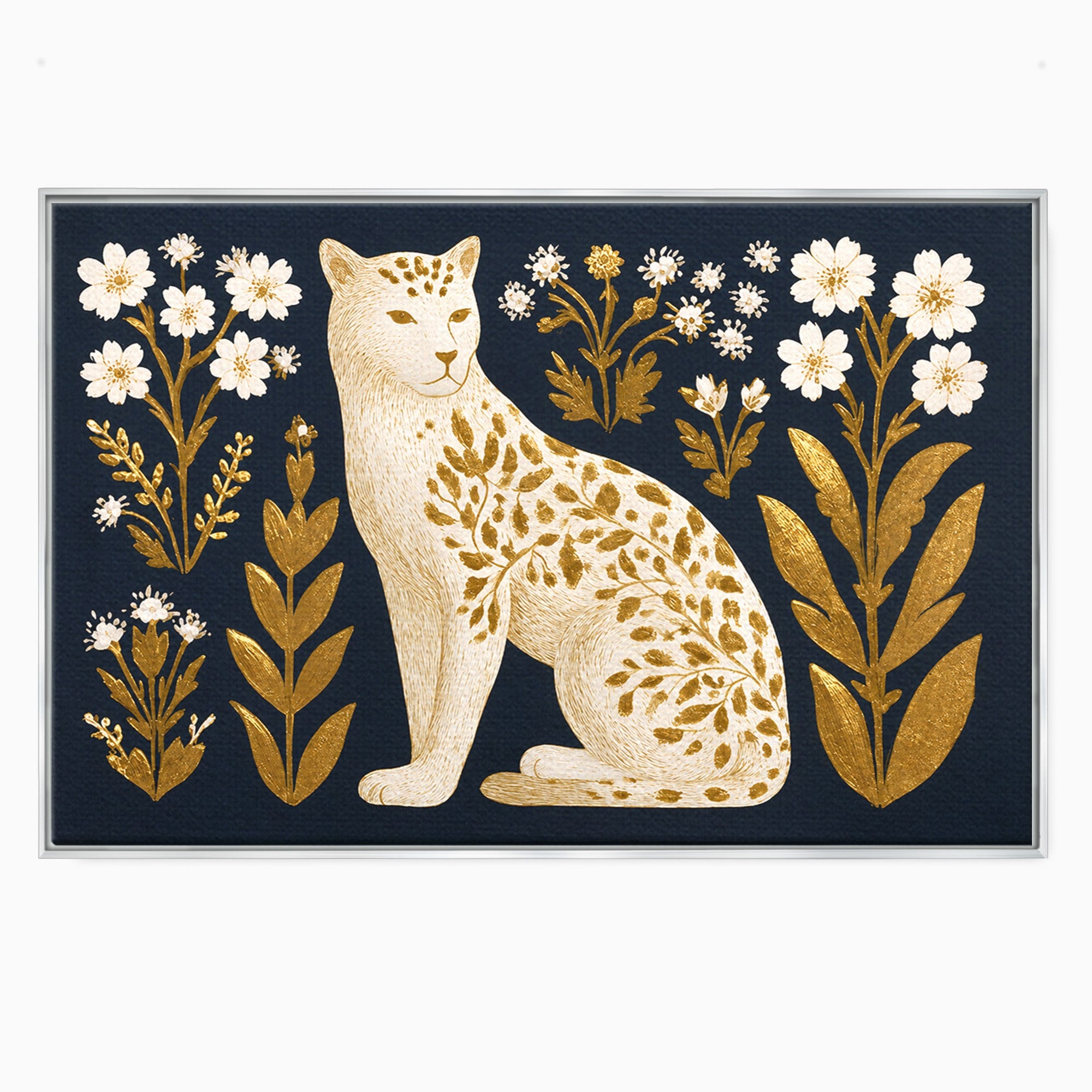 Tablou Canvas Premium LuxCanva® M1578, Leopard Regal, Leopard, Flori, Aur, Dormitor, Eleganta, Culori Vibrante