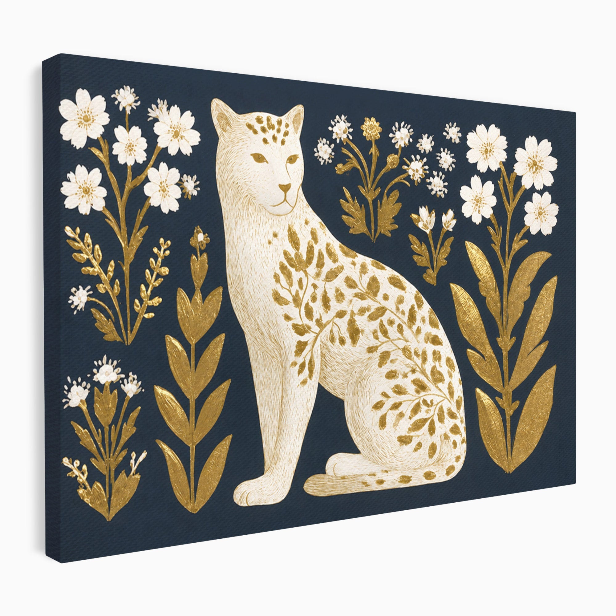 Tablou Canvas Premium LuxCanva® M1578, Leopard Regal, Leopard, Flori, Aur, Dormitor, Eleganta, Culori Vibrante