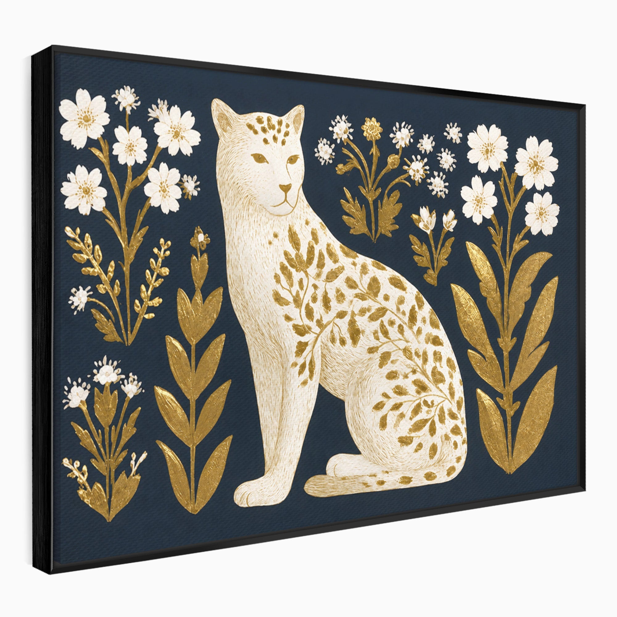 Tablou Canvas Premium LuxCanva® M1578, Leopard Regal, Leopard, Flori, Aur, Dormitor, Eleganta, Culori Vibrante