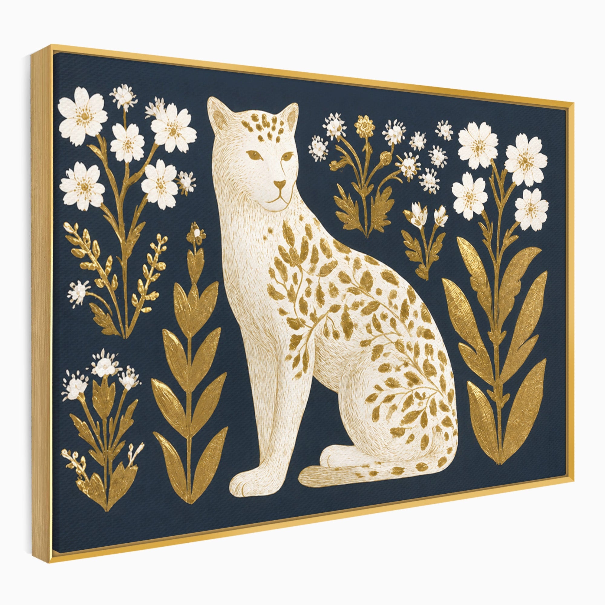Tablou Canvas Premium LuxCanva® M1578, Leopard Regal, Leopard, Flori, Aur, Dormitor, Eleganta, Culori Vibrante