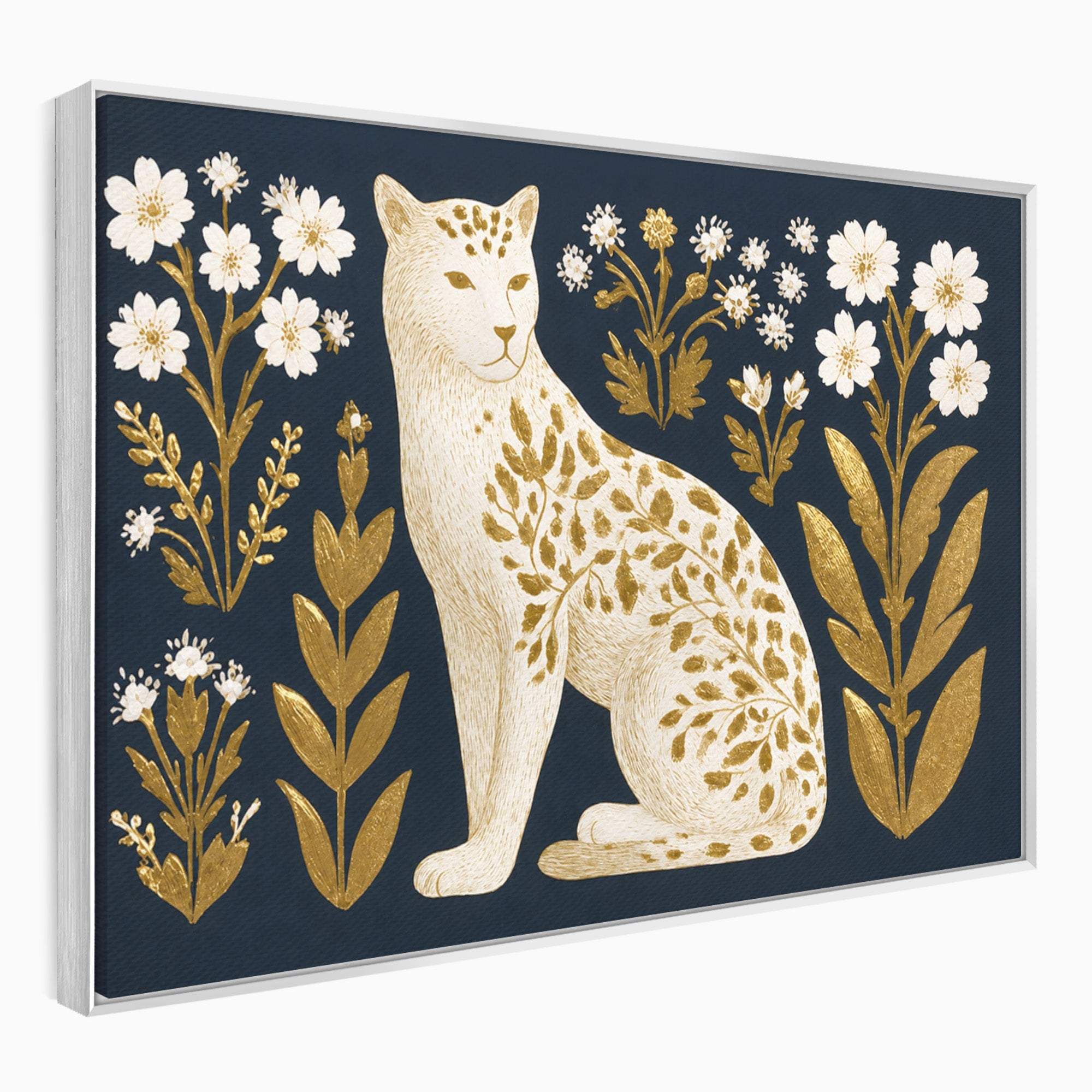 Tablou Canvas Premium LuxCanva® M1578, Leopard Regal, Leopard, Flori, Aur, Dormitor, Eleganta, Culori Vibrante