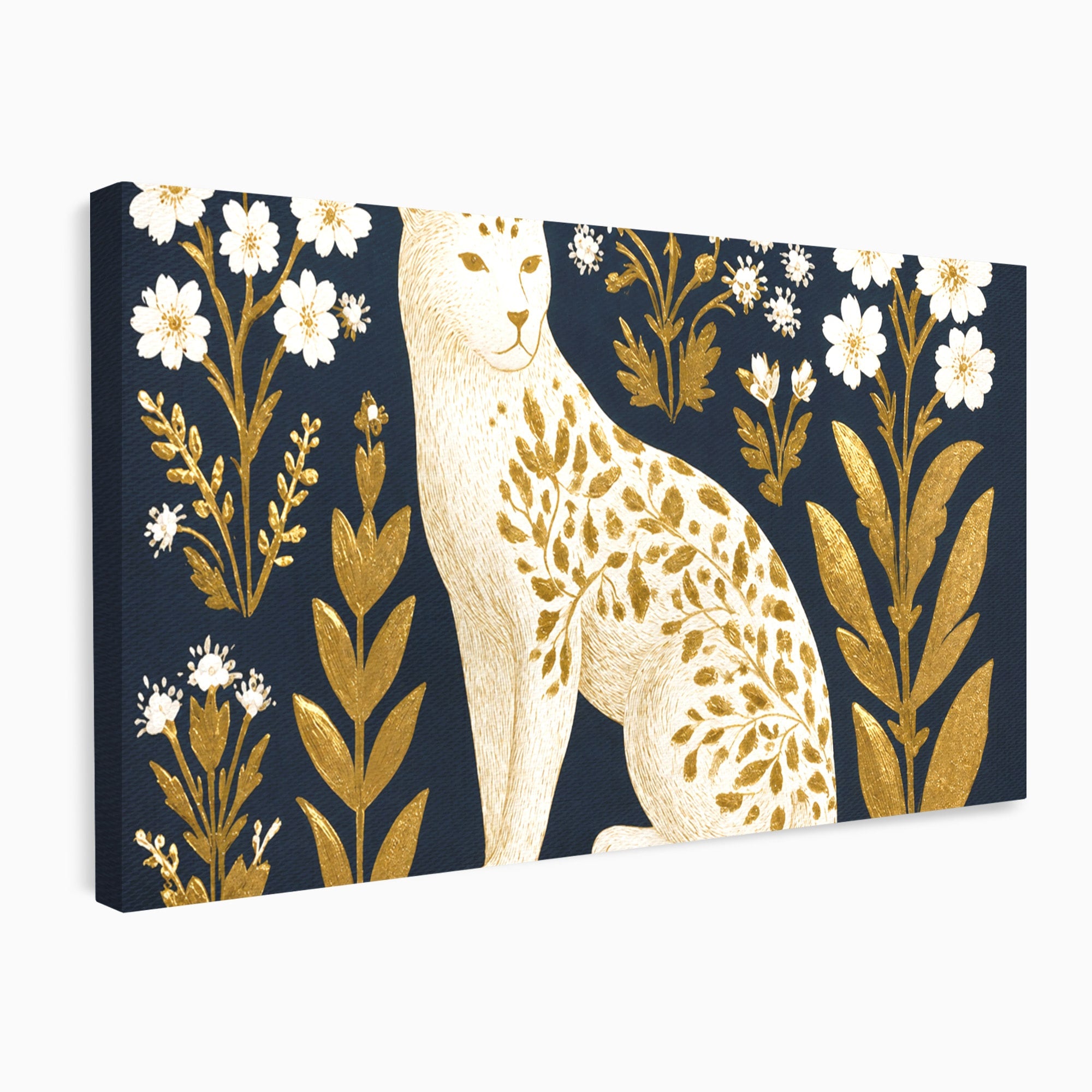 Tablou Canvas Premium LuxCanva® M1578, Leopard Regal, Leopard, Flori, Aur, Dormitor, Eleganta, Culori Vibrante