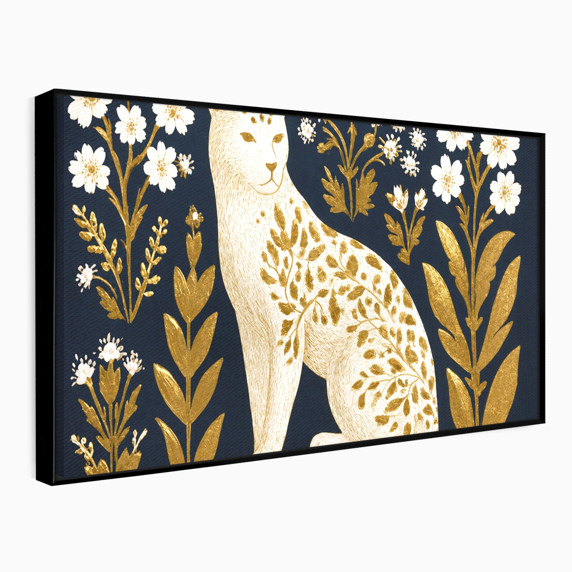 Tablou Canvas Premium LuxCanva® M1578, Leopard Regal, Leopard, Flori, Aur, Dormitor, Eleganta, Culori Vibrante