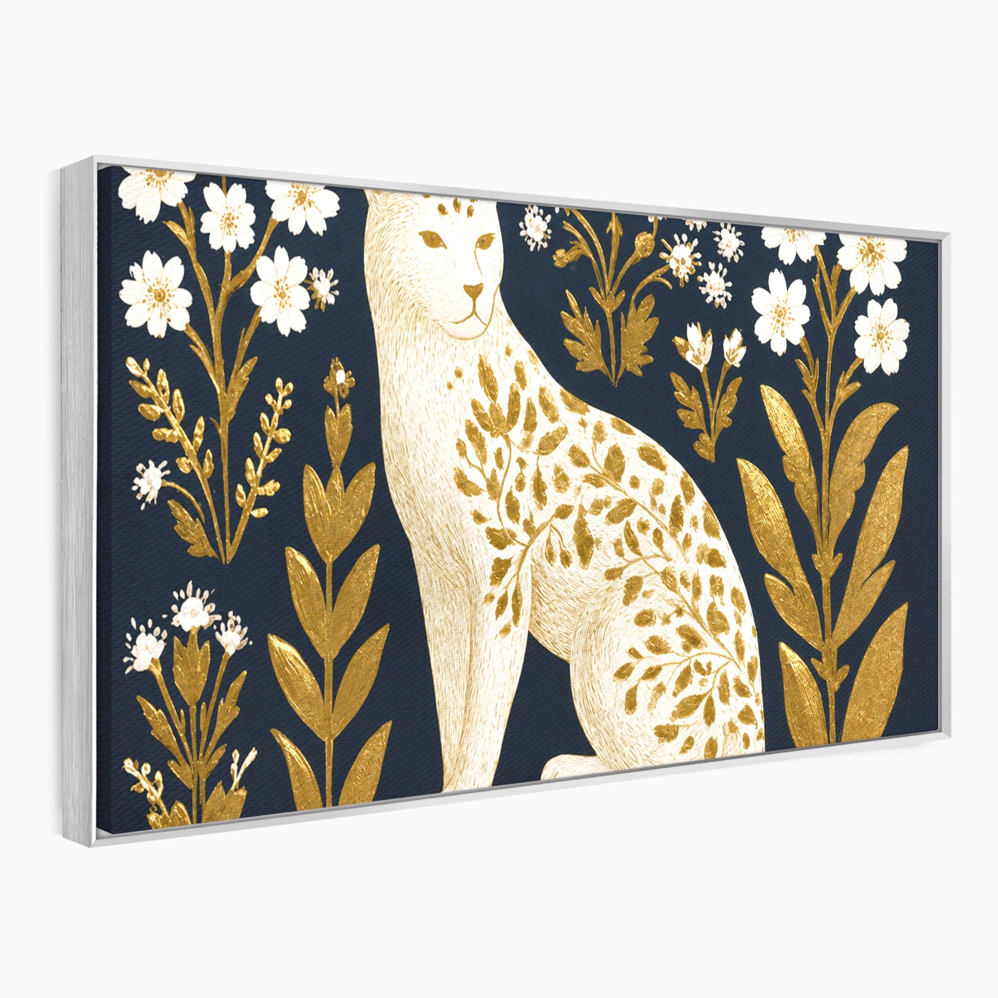 Tablou Canvas Premium LuxCanva® M1578, Leopard Regal, Leopard, Flori, Aur, Dormitor, Eleganta, Culori Vibrante