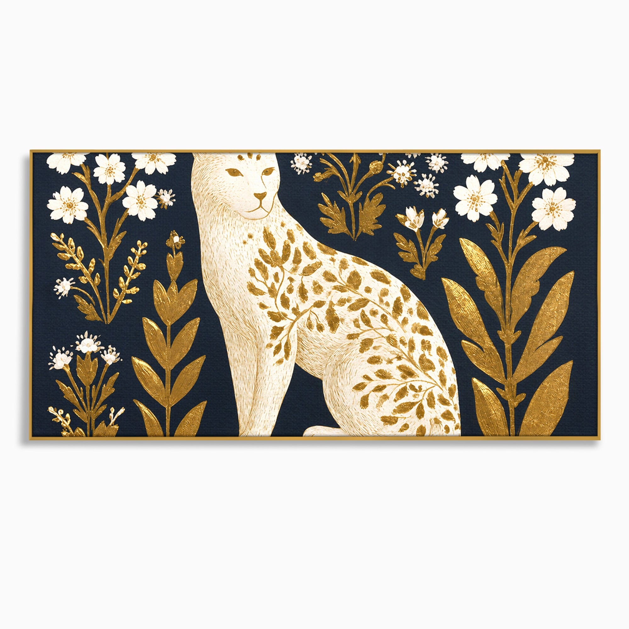 Tablou Canvas Premium LuxCanva® M1578, Leopard Regal, Leopard, Flori, Aur, Dormitor, Eleganta, Culori Vibrante