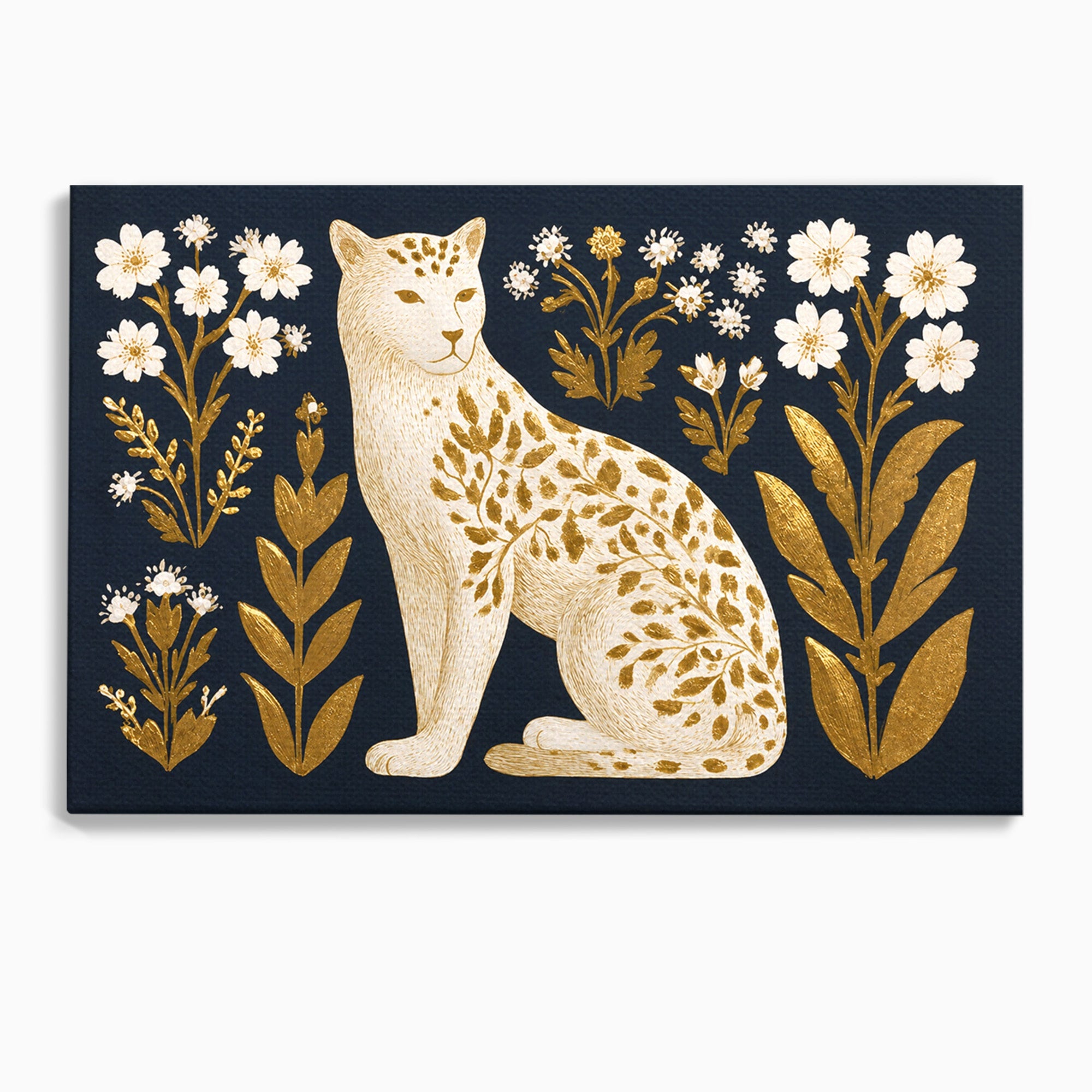 Tablou Canvas Premium LuxCanva® M1578, Leopard Regal, Leopard, Flori, Aur, Dormitor, Eleganta, Culori Vibrante
